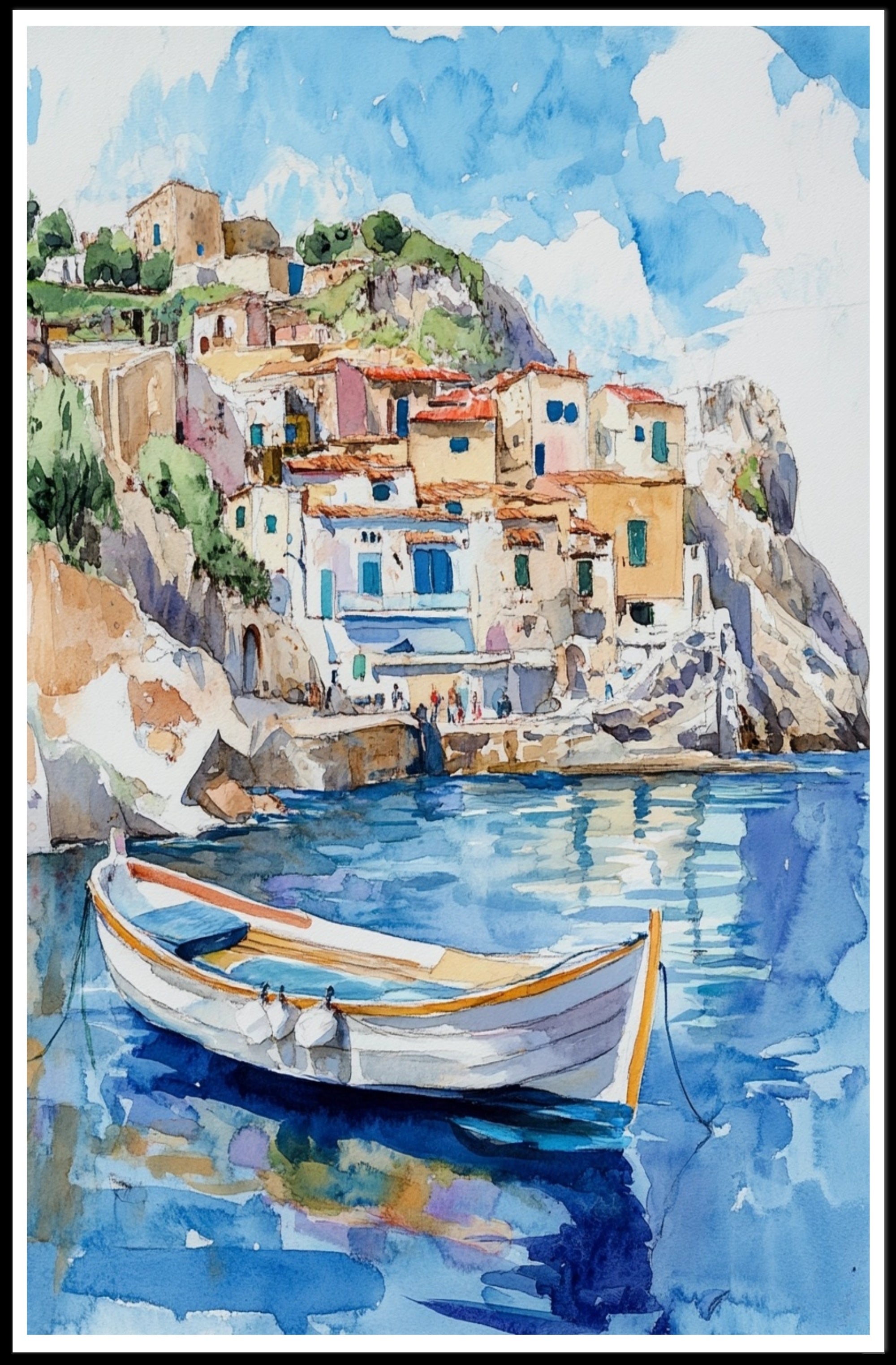 Serene Coastal Village Poster PosterGoat