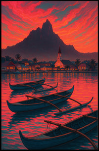 Twilight Tranquility: Coastal Village Travel Poster PosterGoat