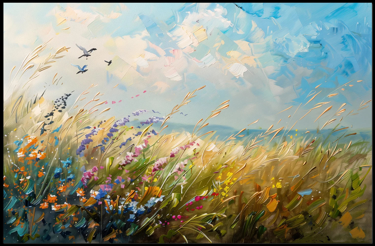 Vibrant Meadow Impressionist Poster with Soaring Birds