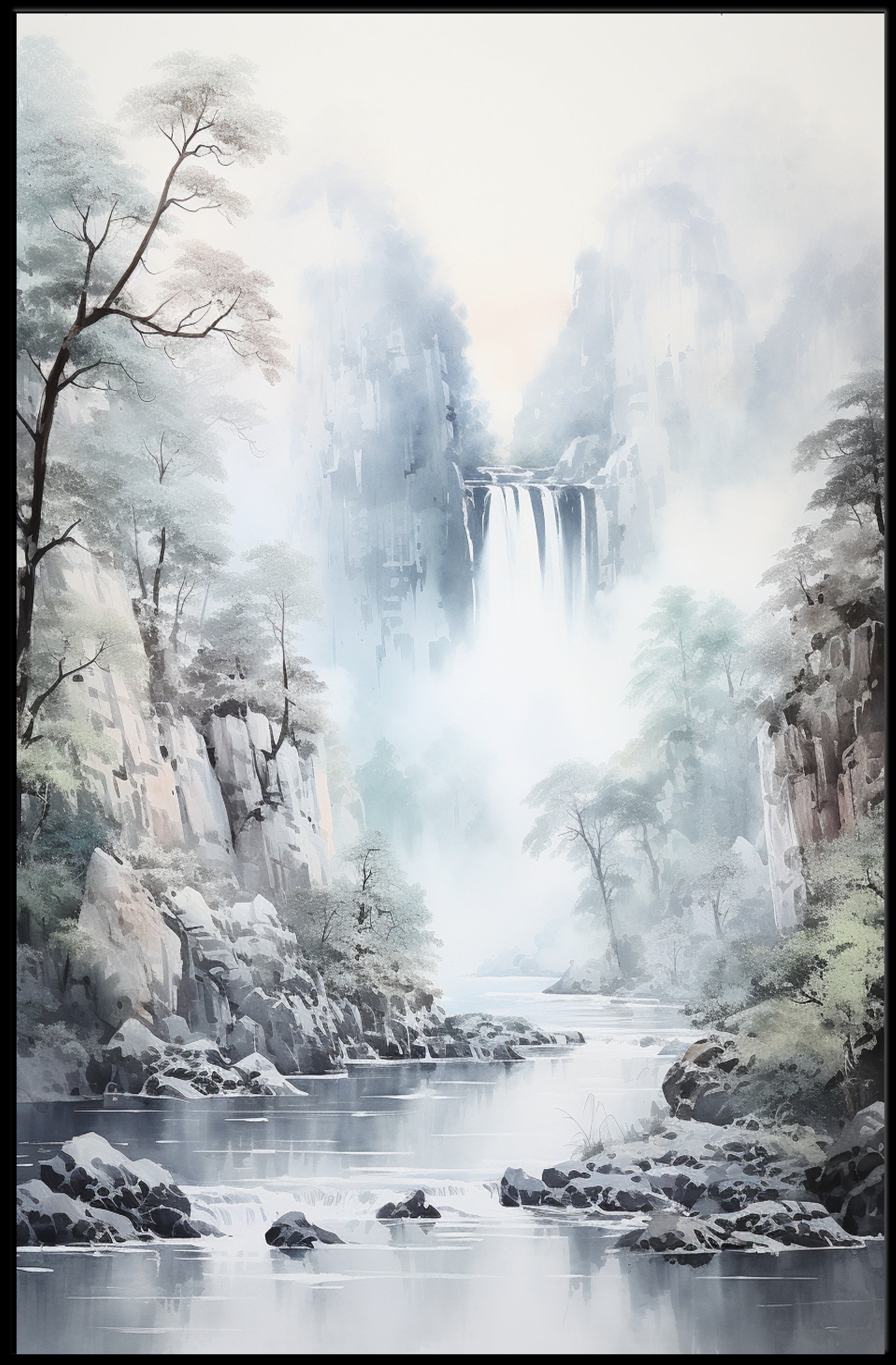 Serene Waterfall Landscape Poster in East Asian Artistic Style