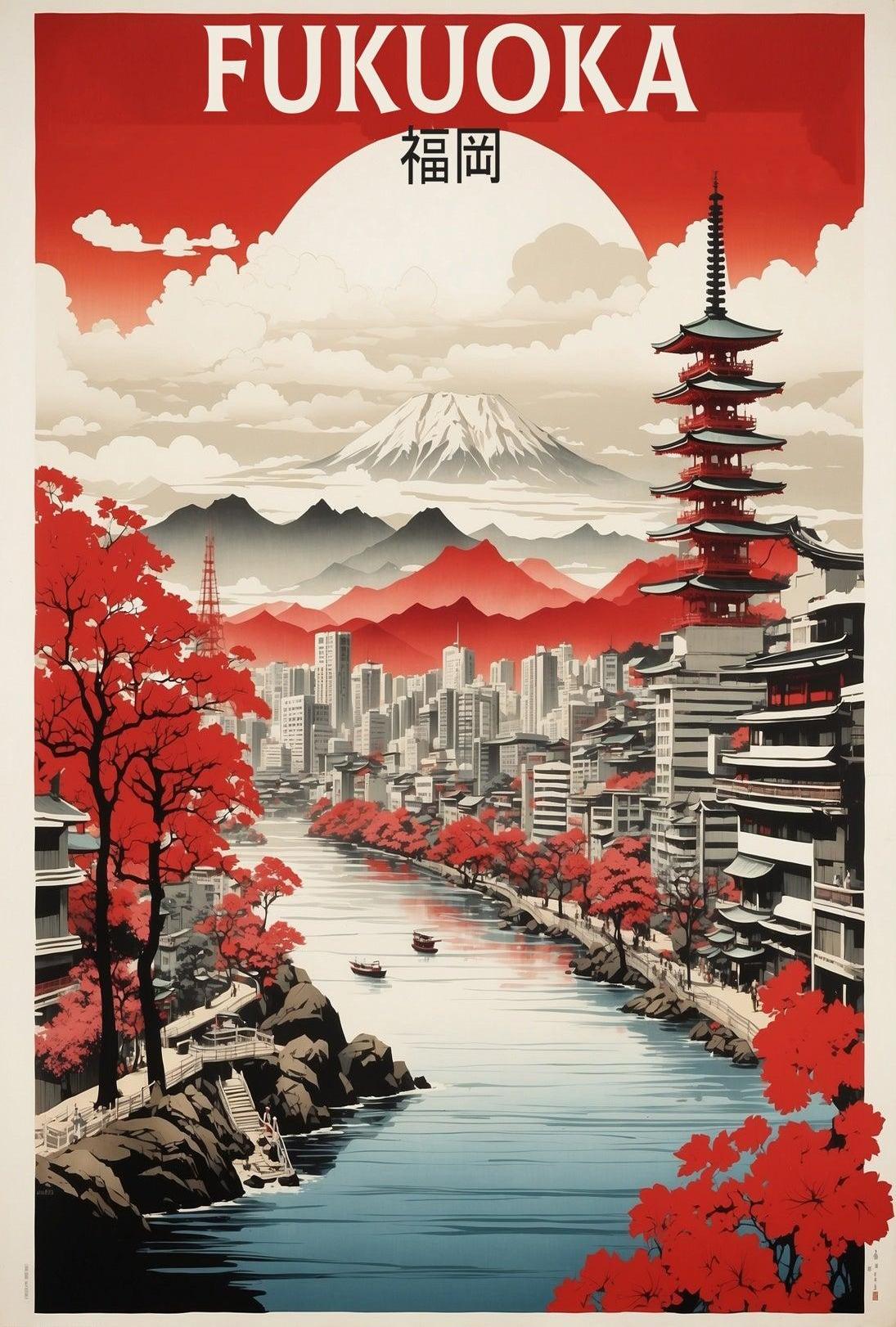 Fukuoka Cityscape Art Print Japanese Travel Poster
