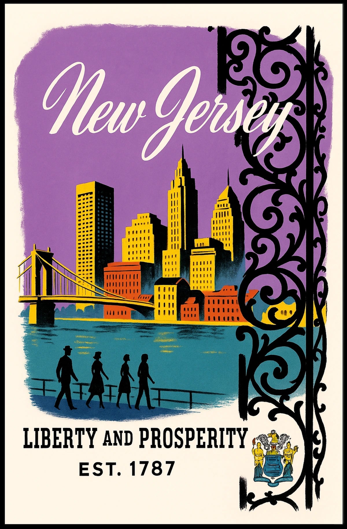 New Jersey Cityscape Bridge Purple Sky Vintage Poster