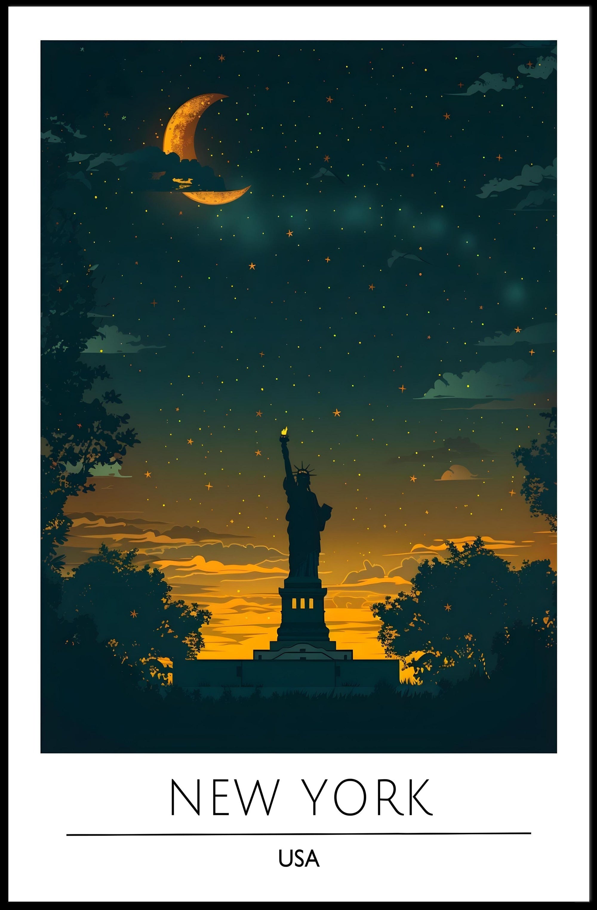 Statue of Liberty Twilight Silhouette Art Poster