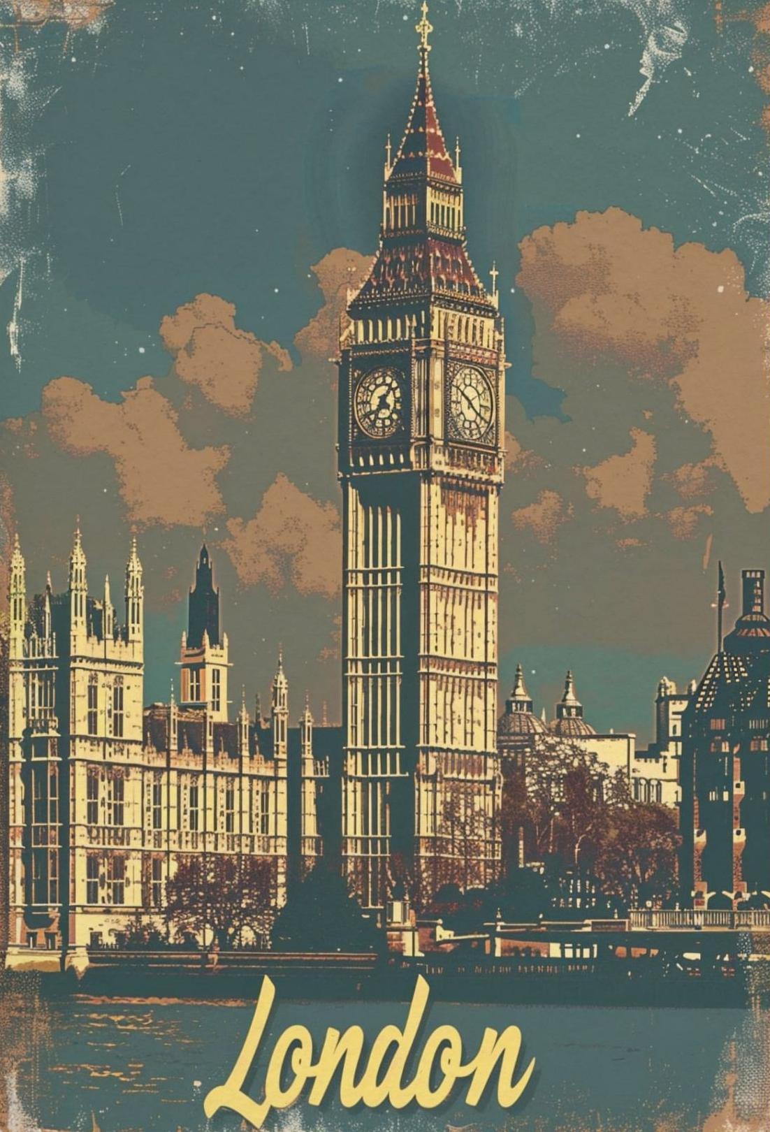 London Big Ben Night Sky Vintage Texture Travel Poster