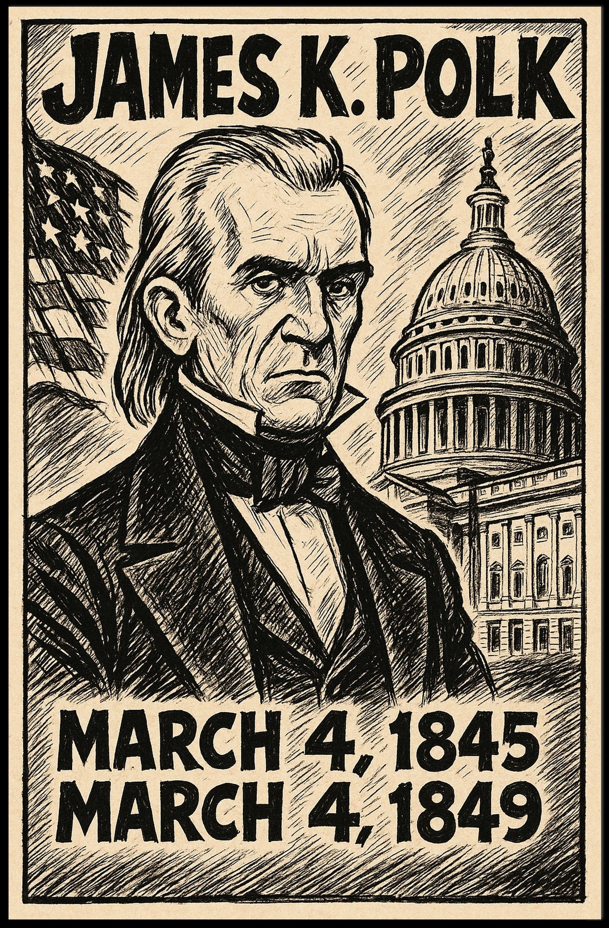 James K. Polk 11th President of the United States B & W Comic Sketch Poster