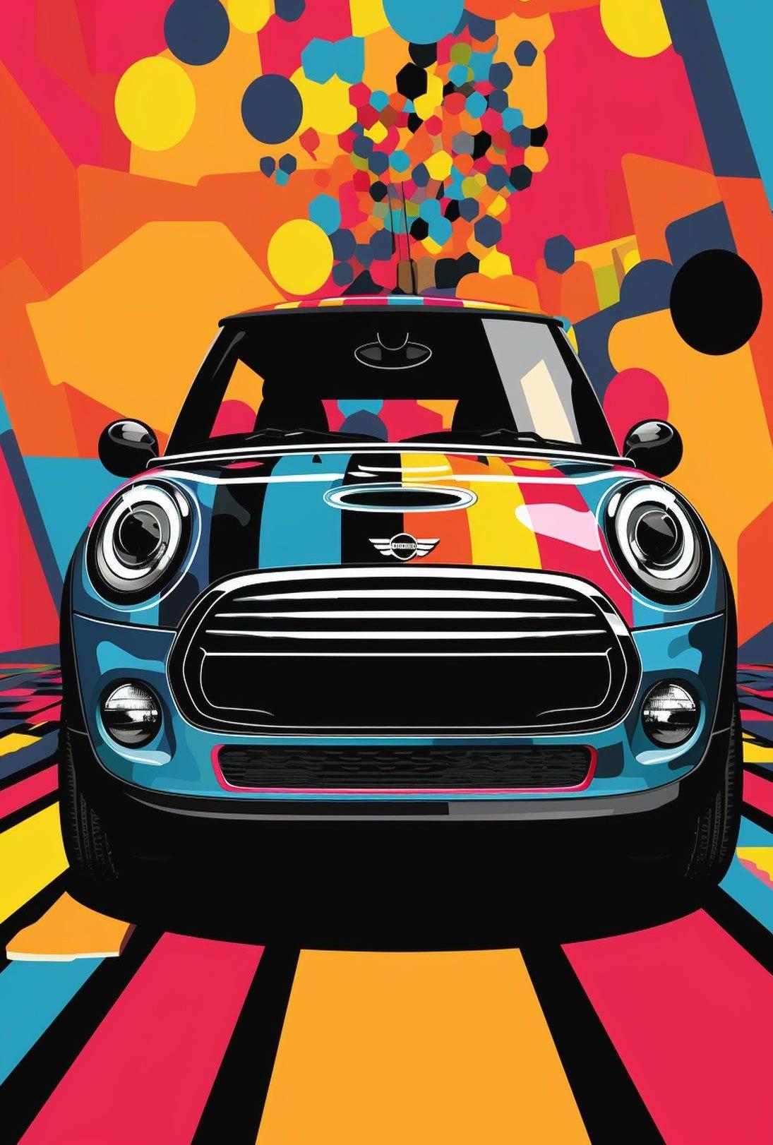 Mini Car Pop Art Poster: Vibrant Geometric Design