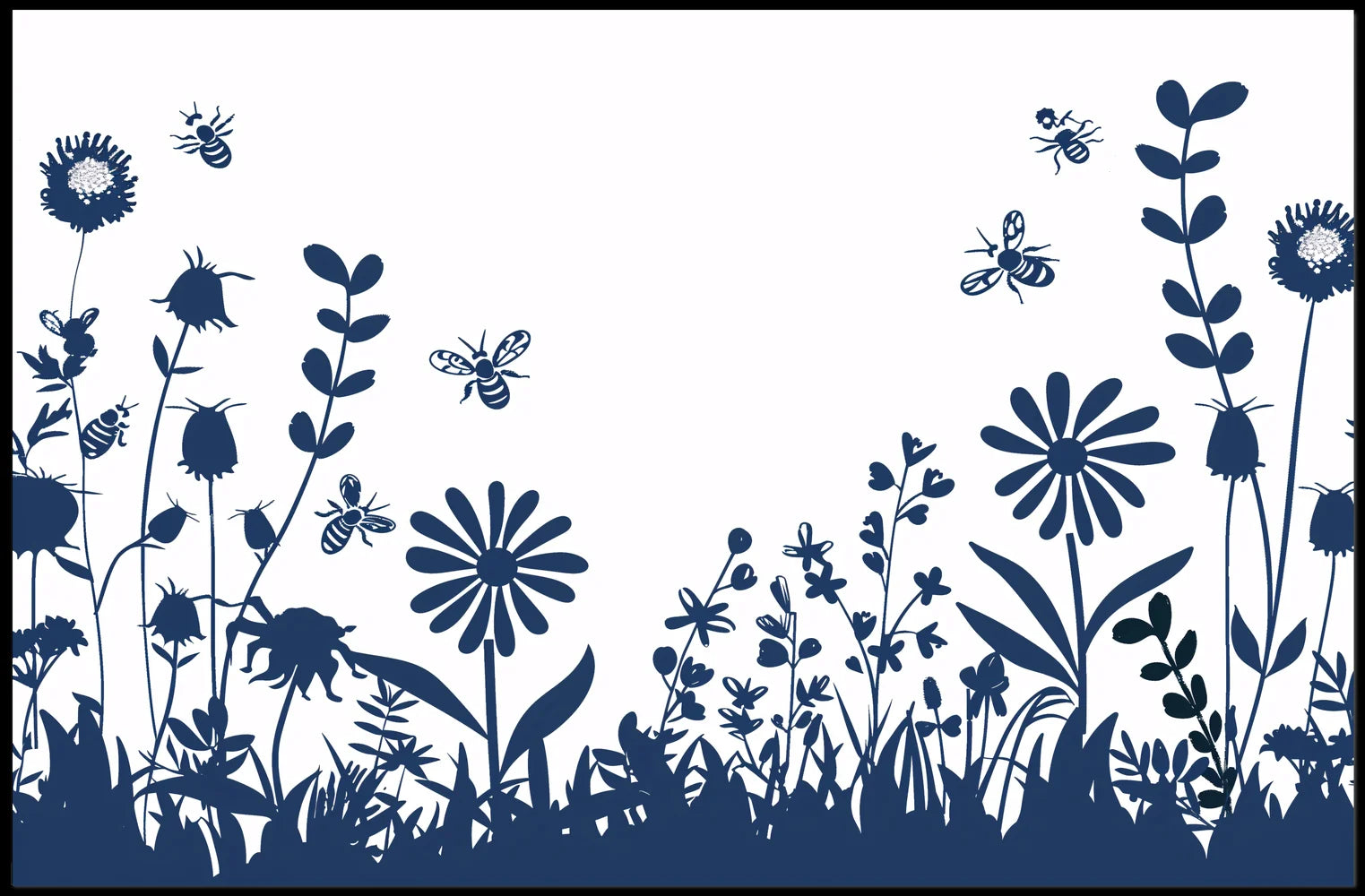 Garden Harmony: Blue Silhouette Bee and Flower Poster