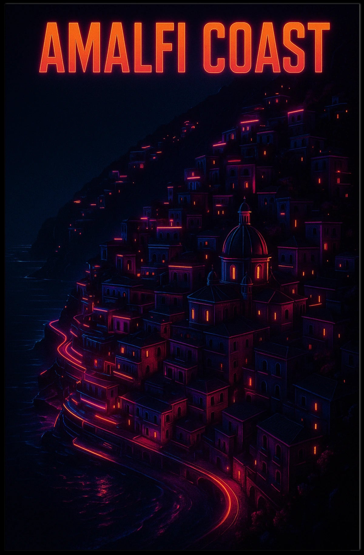 Amalfi Coast Neon Nightscape Poster Wall Art Decor Print