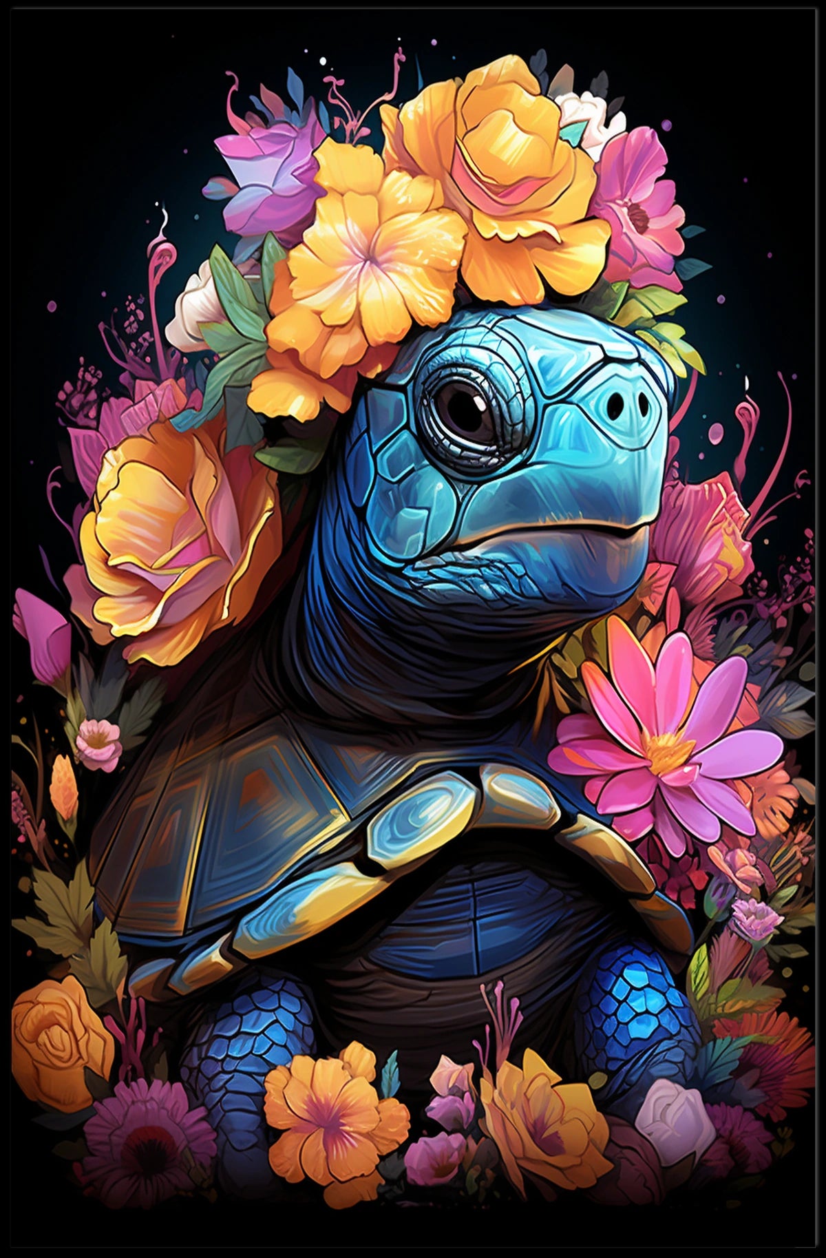 Floral Majesty Turtle Crown Whimsical Digital Lovers Poster