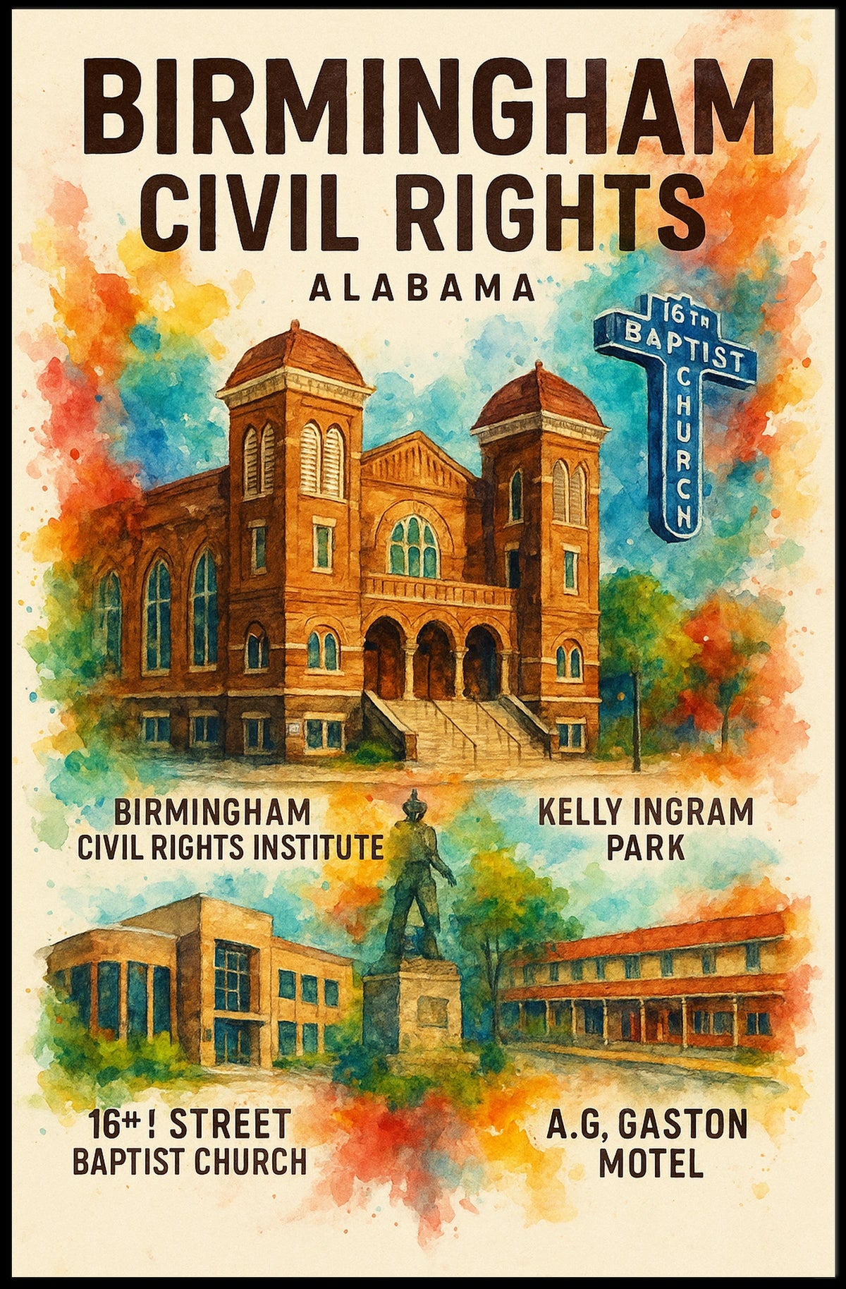 Birmingham Civil Rights Landmarks Vintage Watercolor Poster