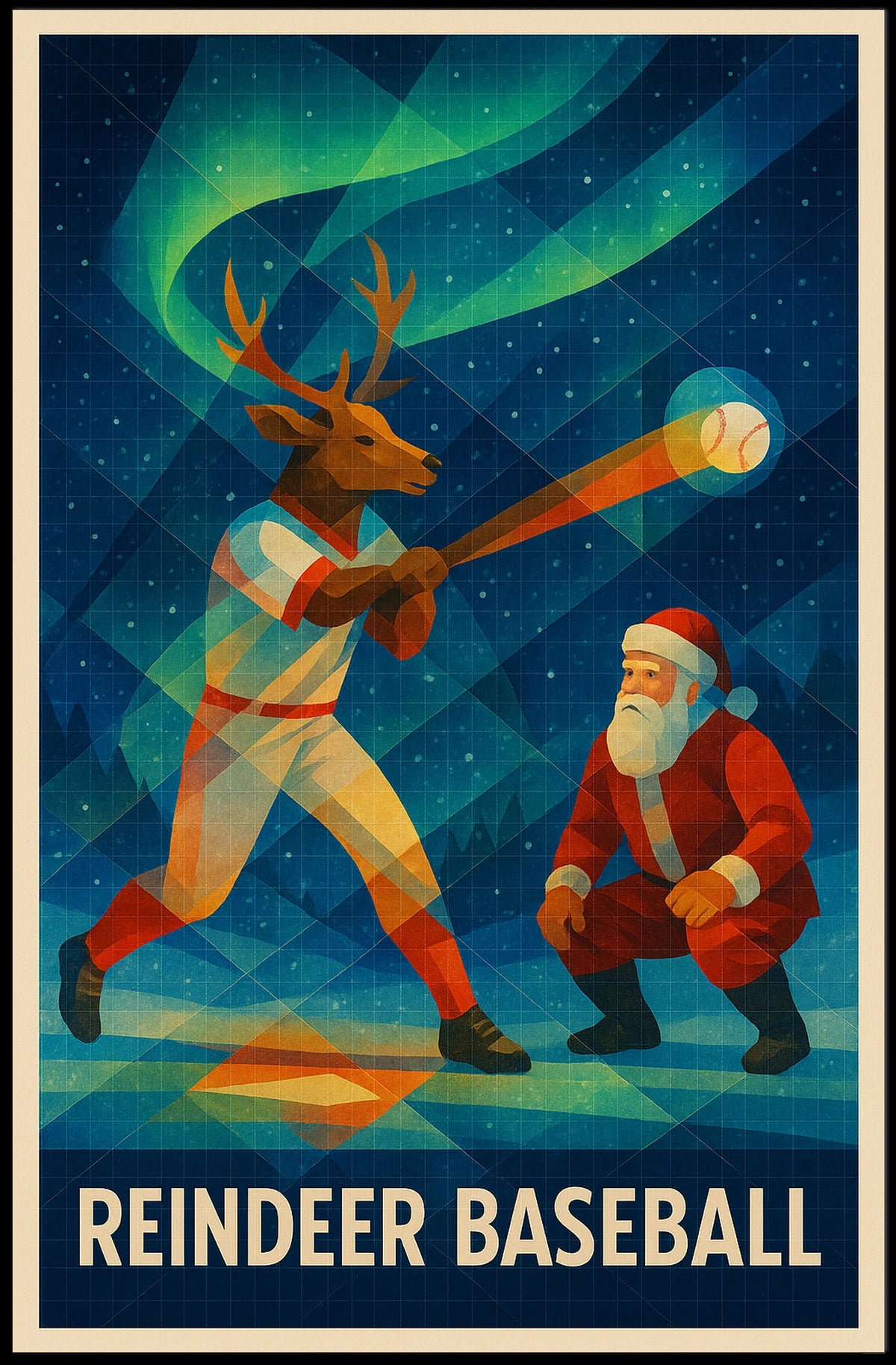 Reindeer Baseball Scene Under Northern Lights - Fantasy or Mythology Poster
