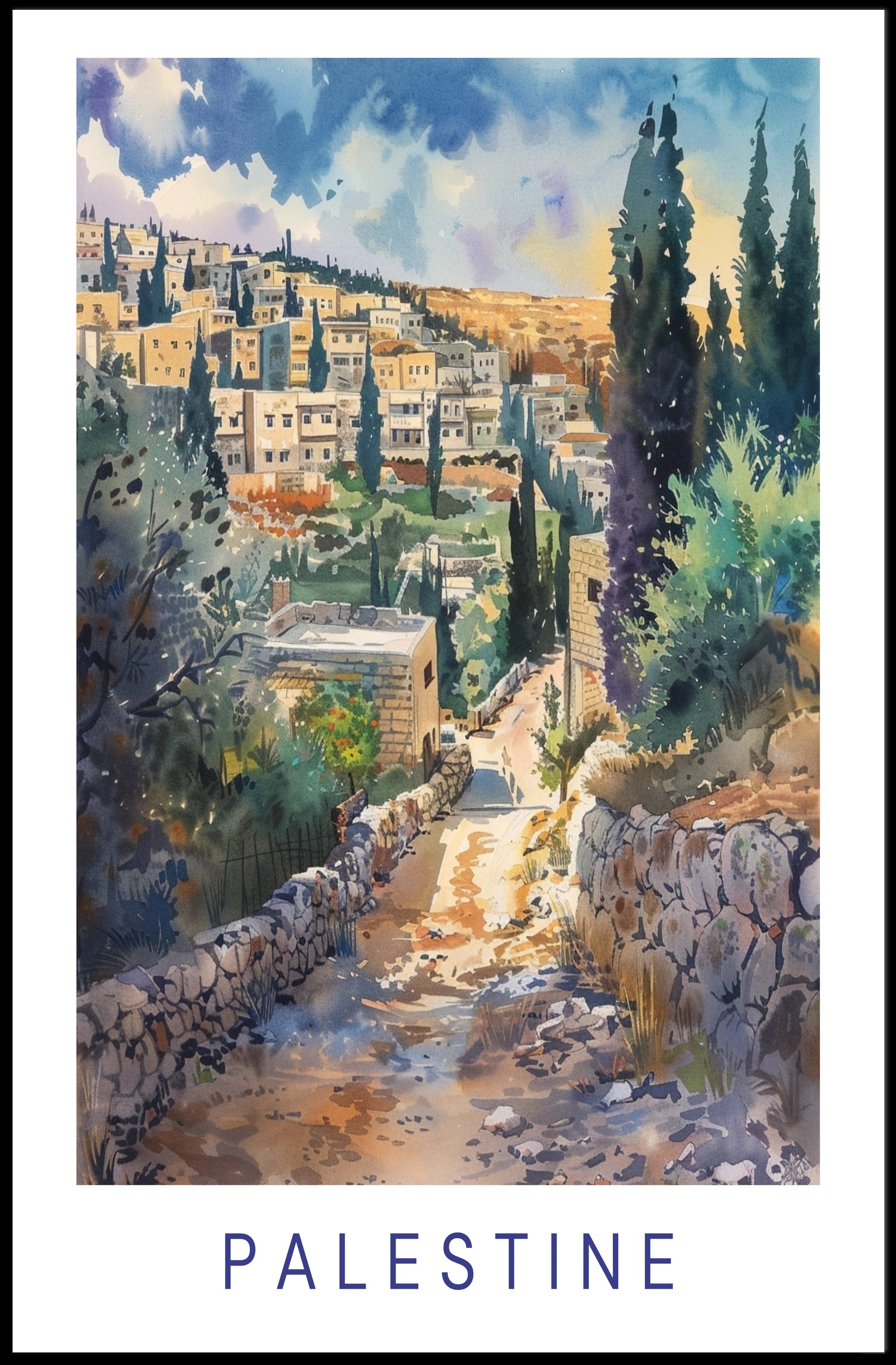 Palestinian Landscape Watercolor Art - Cultural or Heritage Poster PosterGoat