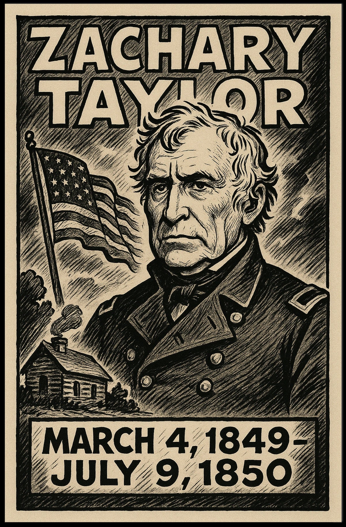 Zachary Taylor 12th President of the United States B & W Comic Sketch Poster