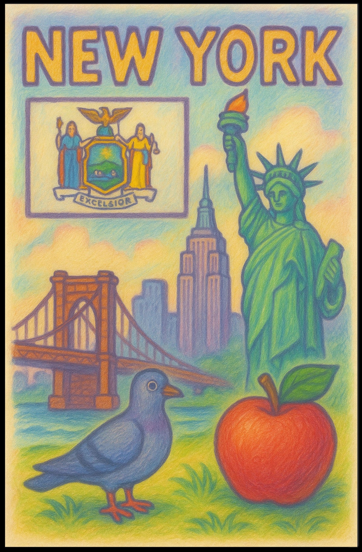 New York City Iconic Landmarks Poster Vintage Wall Art