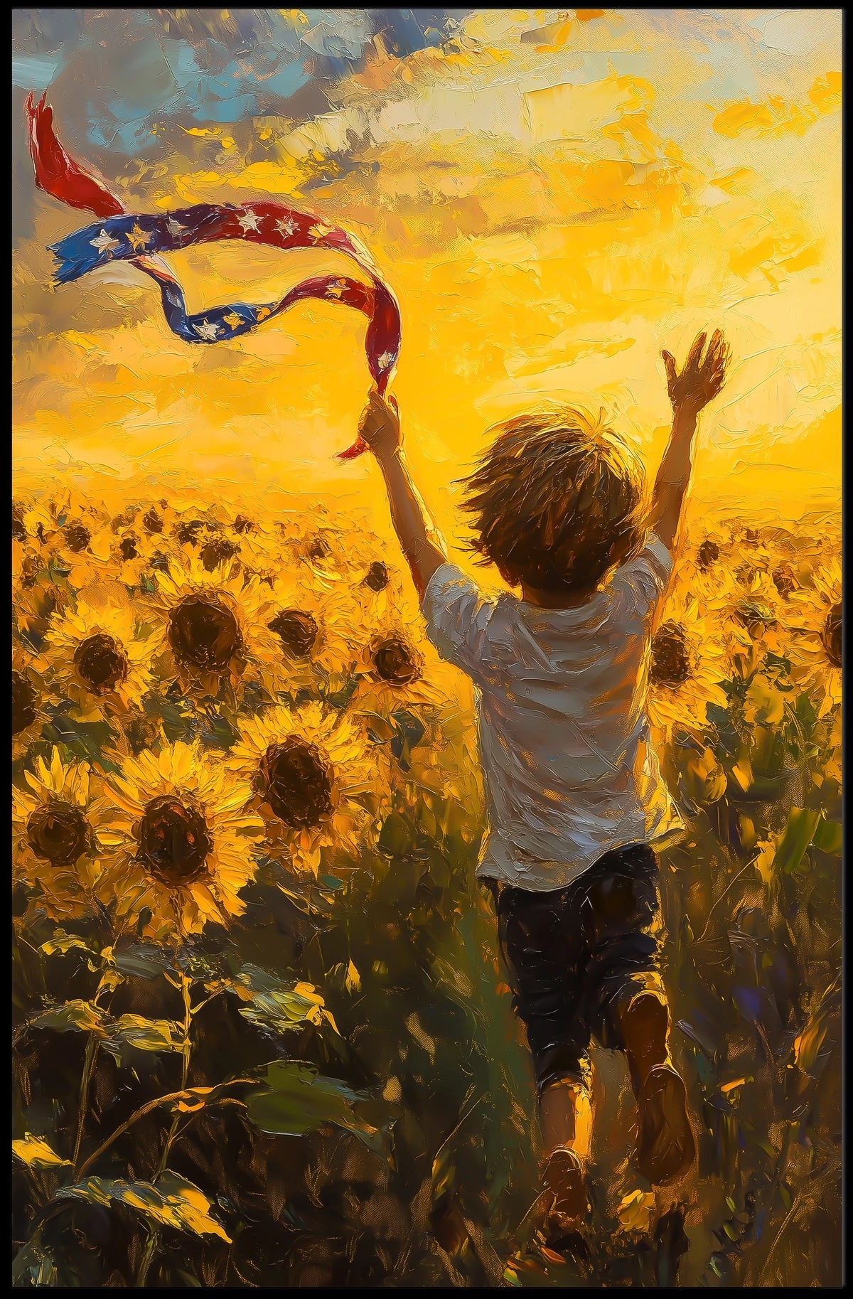 Child Running Through Sunflower Field At Golden Hour Poster