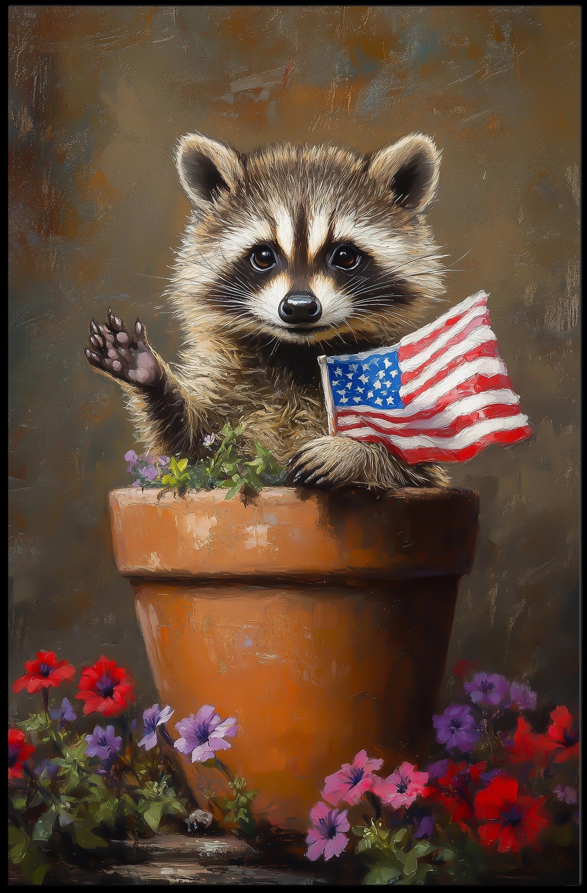 raccoon popping out of a large clay flowerpot Poster