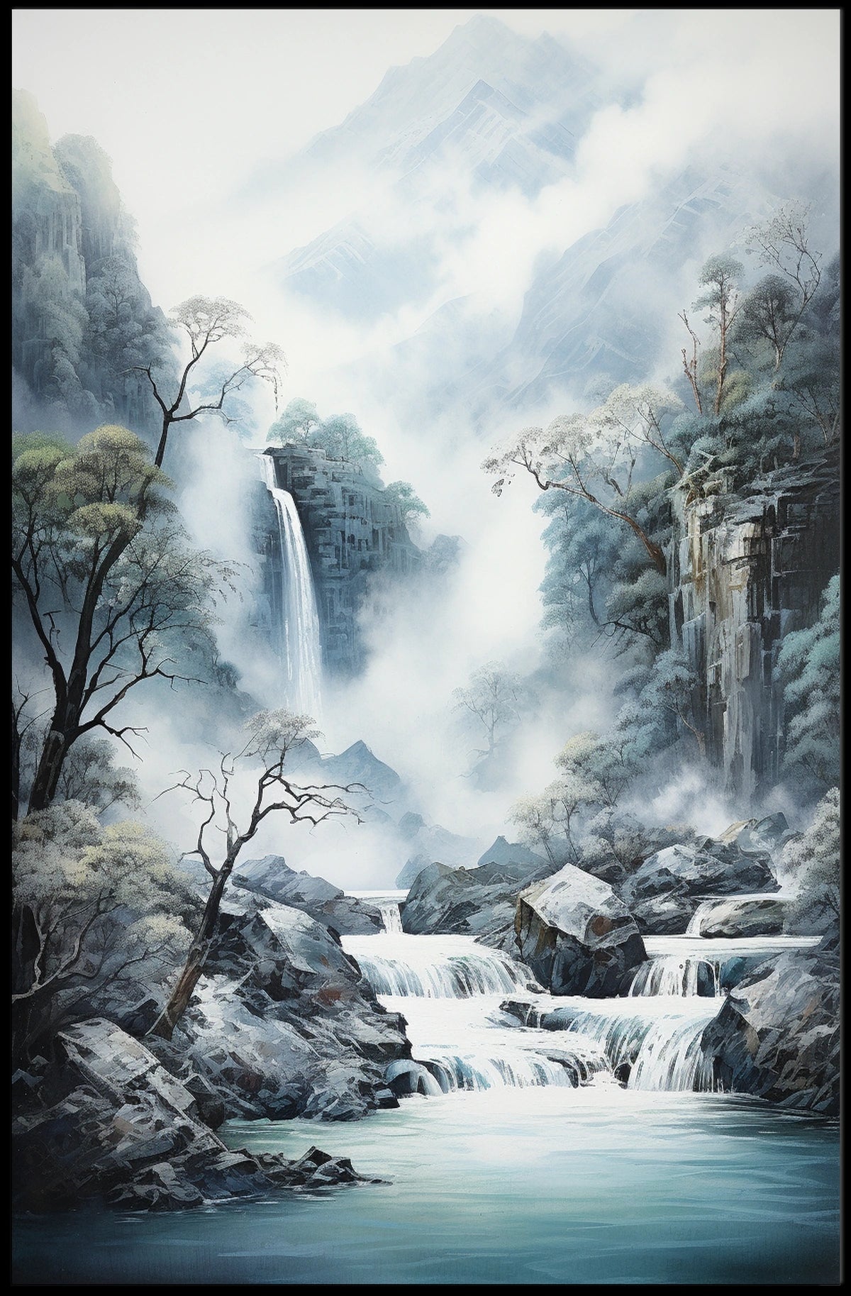 Tranquil Waterfall in Misty Mountains Artistic Poster