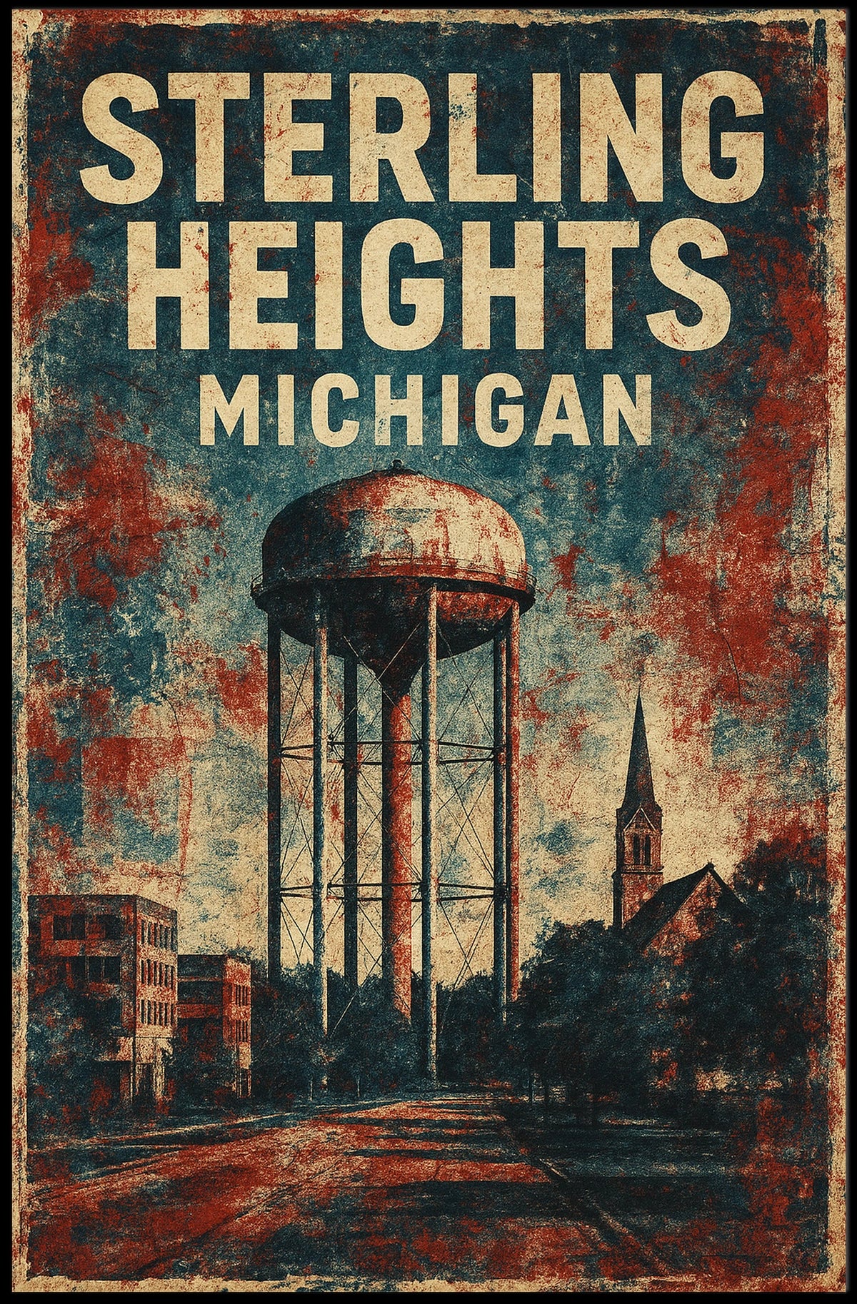 Vintage Sterling Heights Water Tower Retro Poster