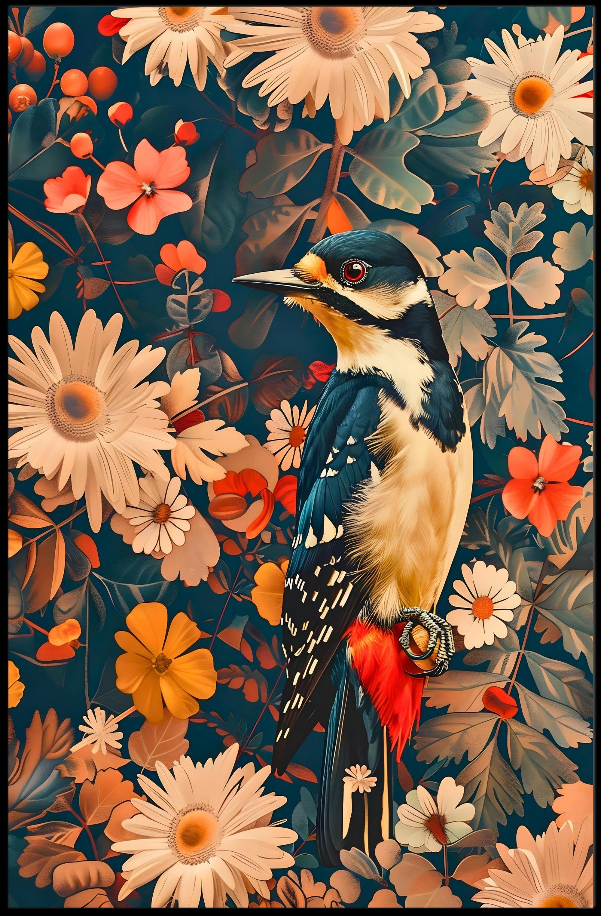 Vibrant Woodpecker Floral Paradise Poster