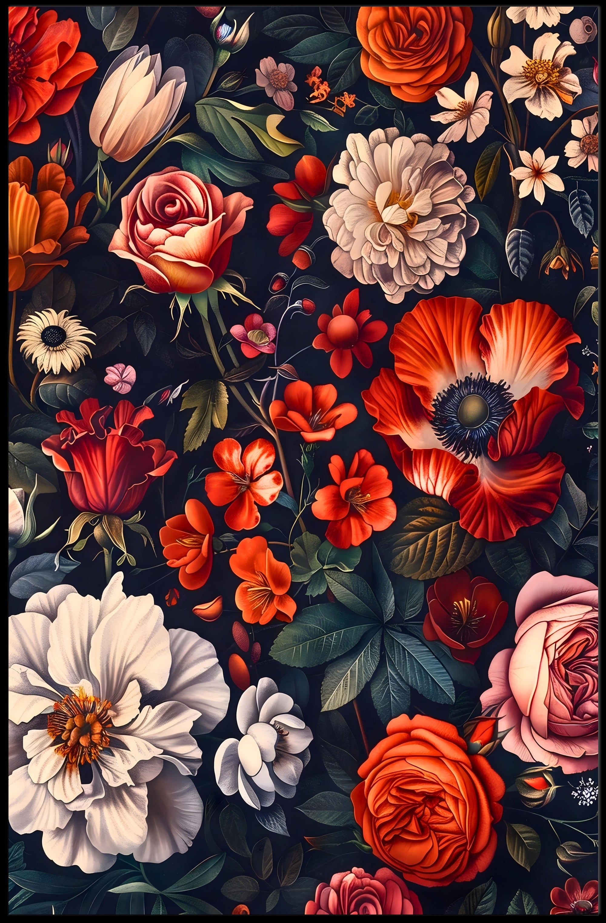Floral Symphony Against Darkness: Artistic Poster