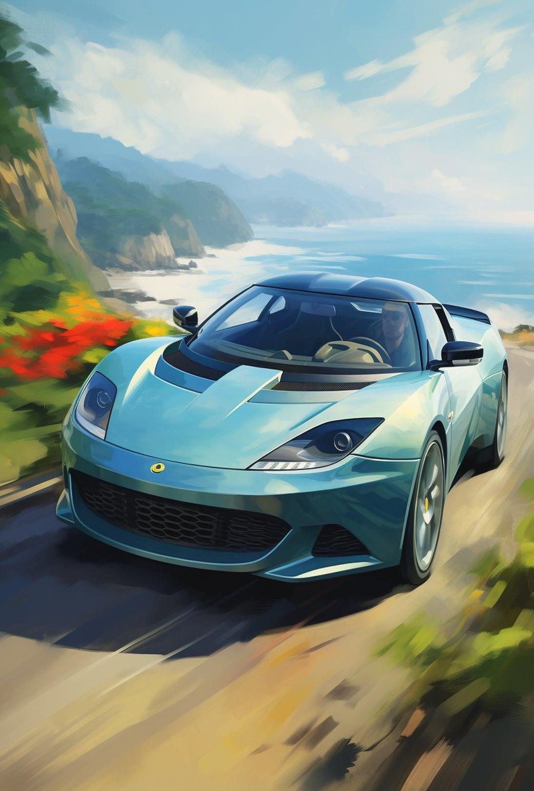 Modern Sports Car Coastal Adventure: Artistic Poster