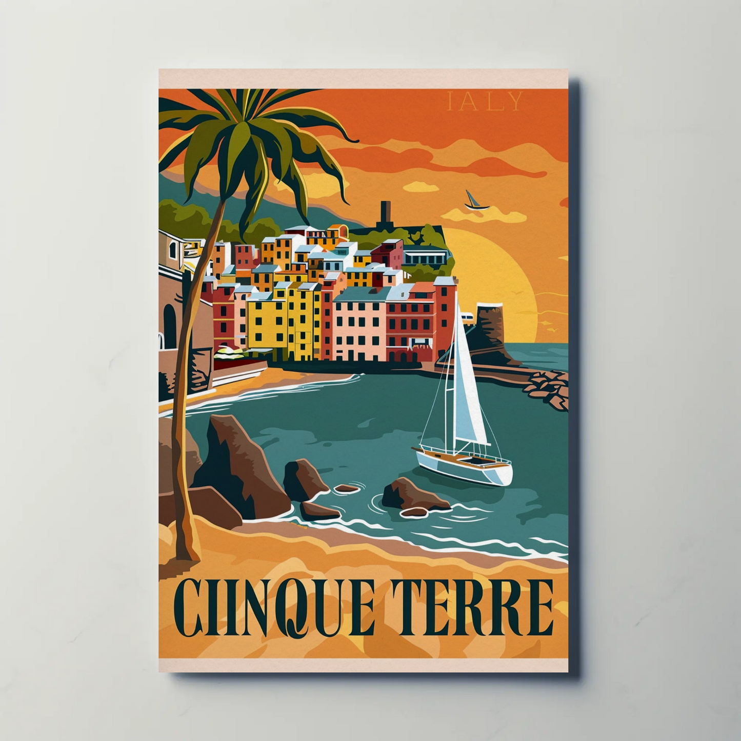 Cinque Terre Italy Vibrant Sunset Harbor Travel Poster