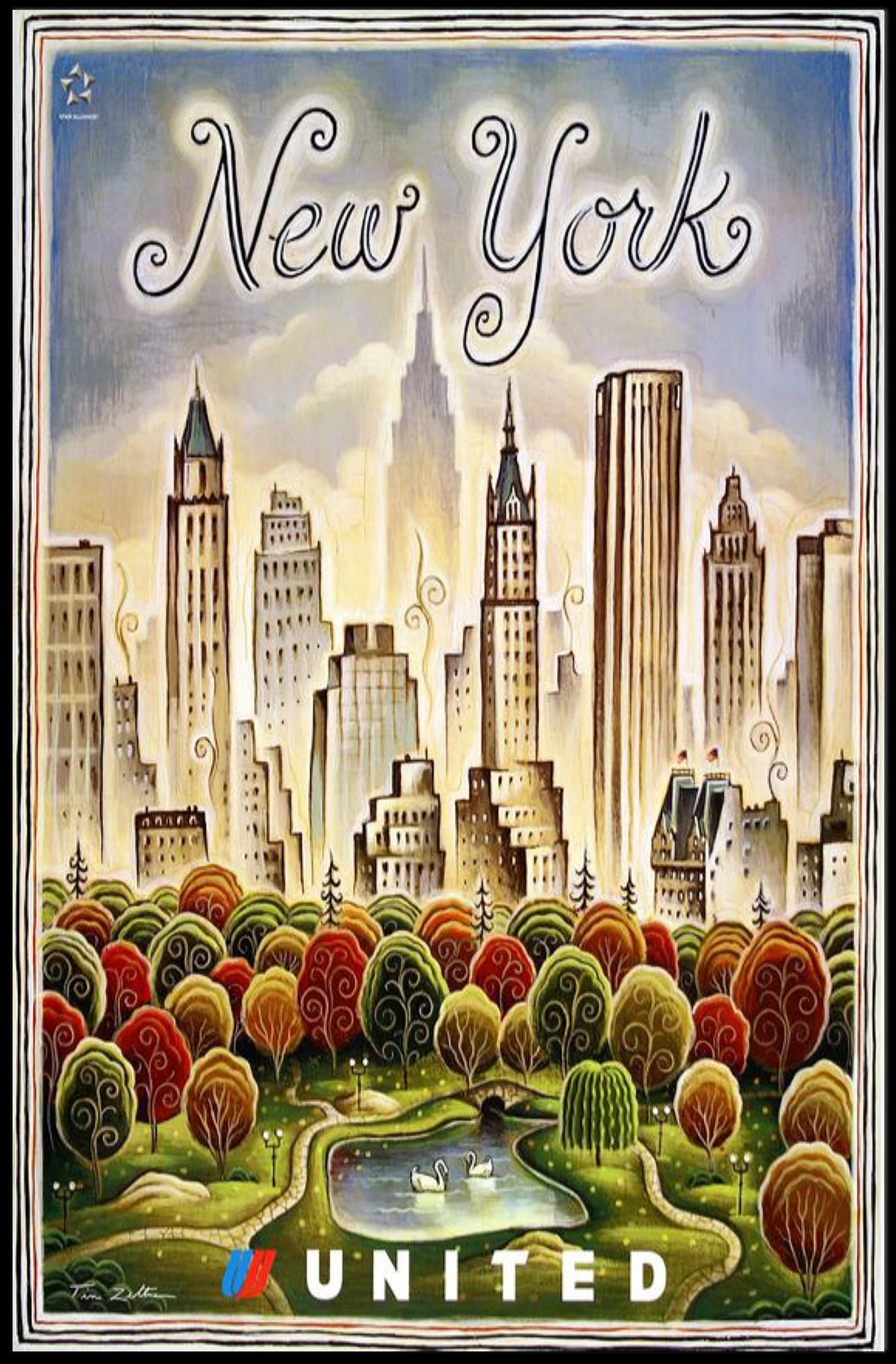 New York City Whimsical Skyline Poster Vintage Wall Decor