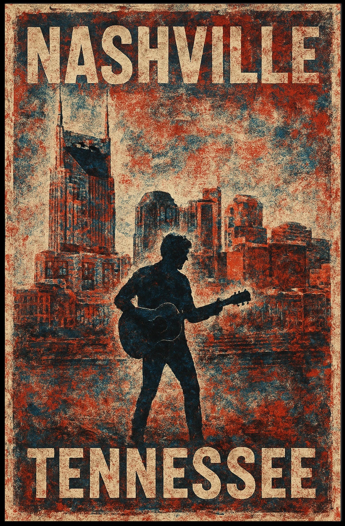 Nashville Guitar Silhouette Vintage Music Cityscape Rustic Texture Nostalgia Folk Art Poster