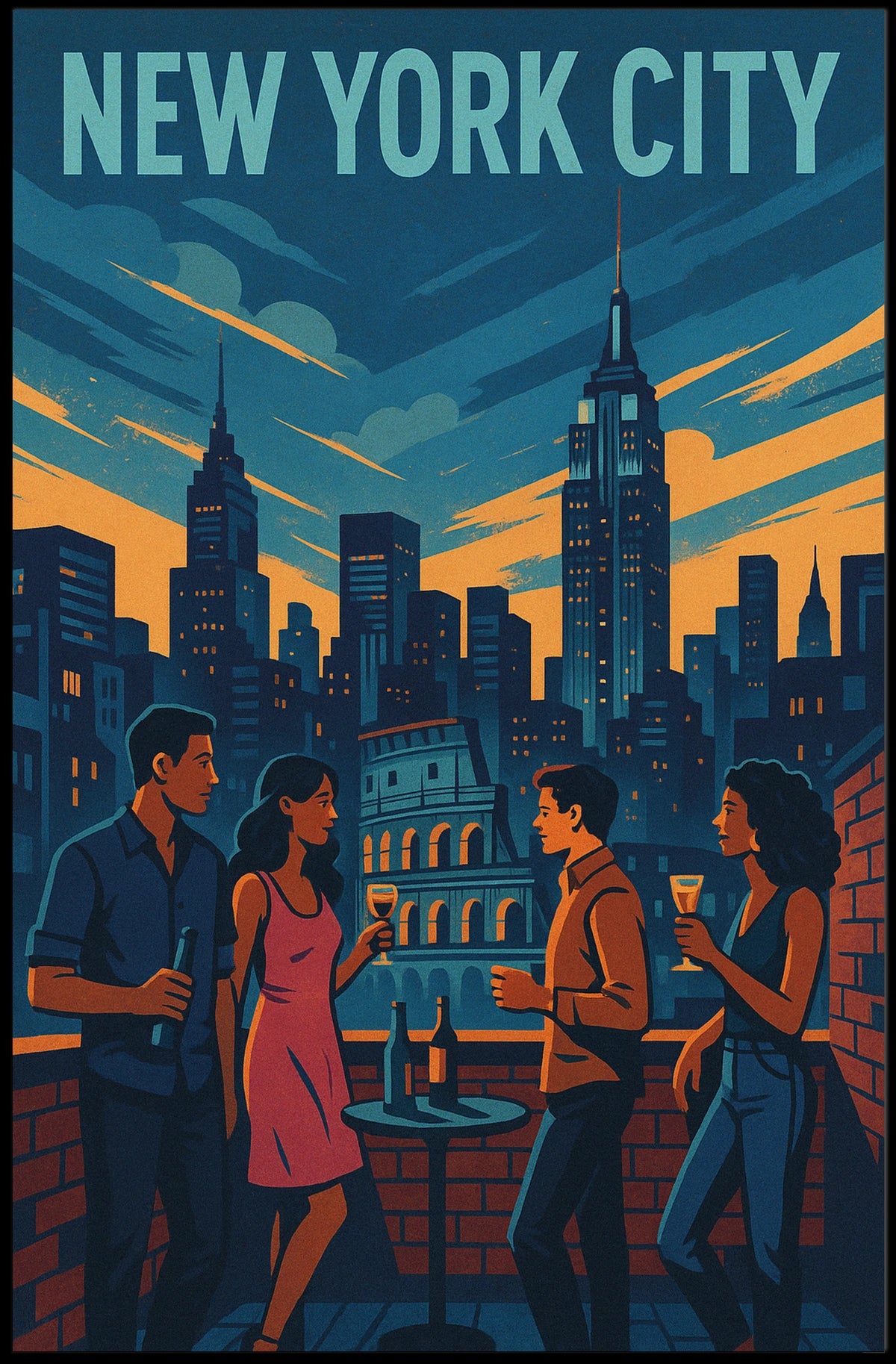 Vibrant Rooftop Cityscape Skyline Poster Modern Wall Art