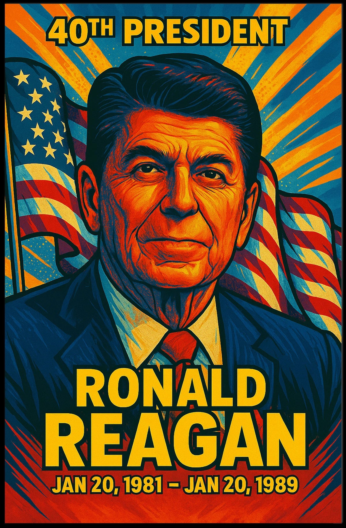 Ronald Reagan 40th President of the United States Colorful Comic Book Style Poster