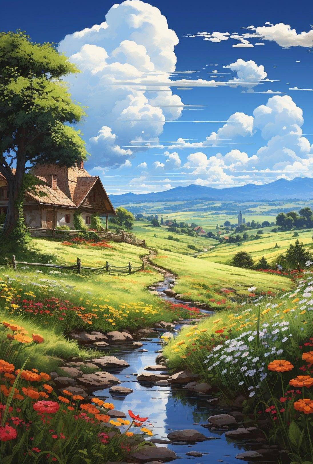 Serene Countryside Retreat: Idyllic Landscape Art Poster