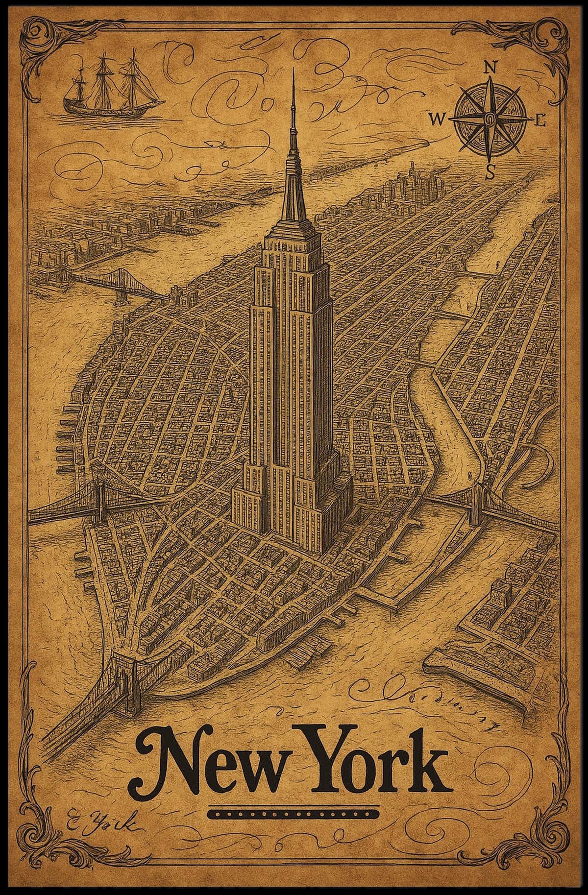 New York Cityscape Illustration Poster Vintage Wall Art