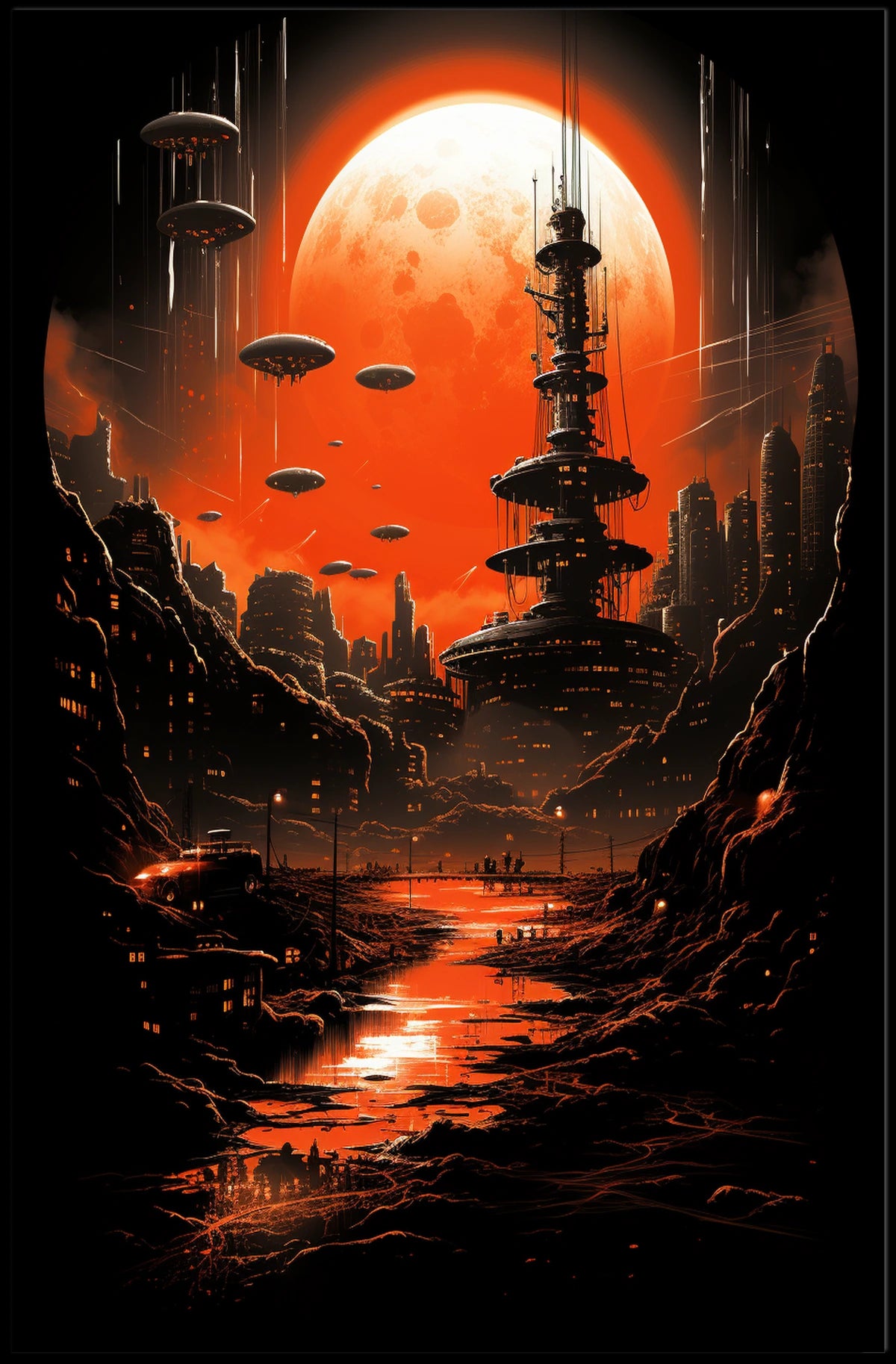 Futuristic Cityscape Under a Red Moon Poster