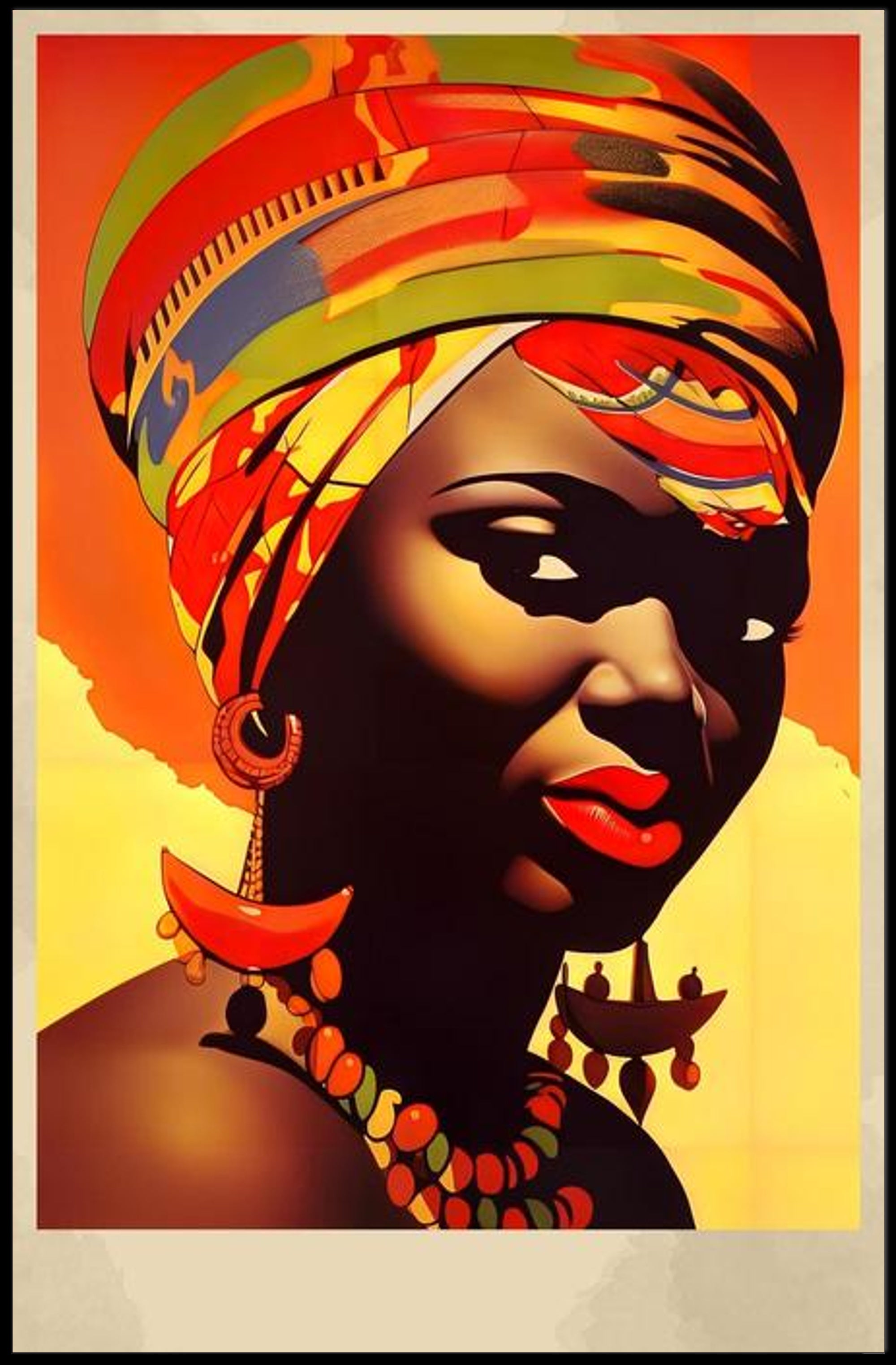 Vibrant Elegance: Woman with Colorful Headwrap and Bold Accessories Poster