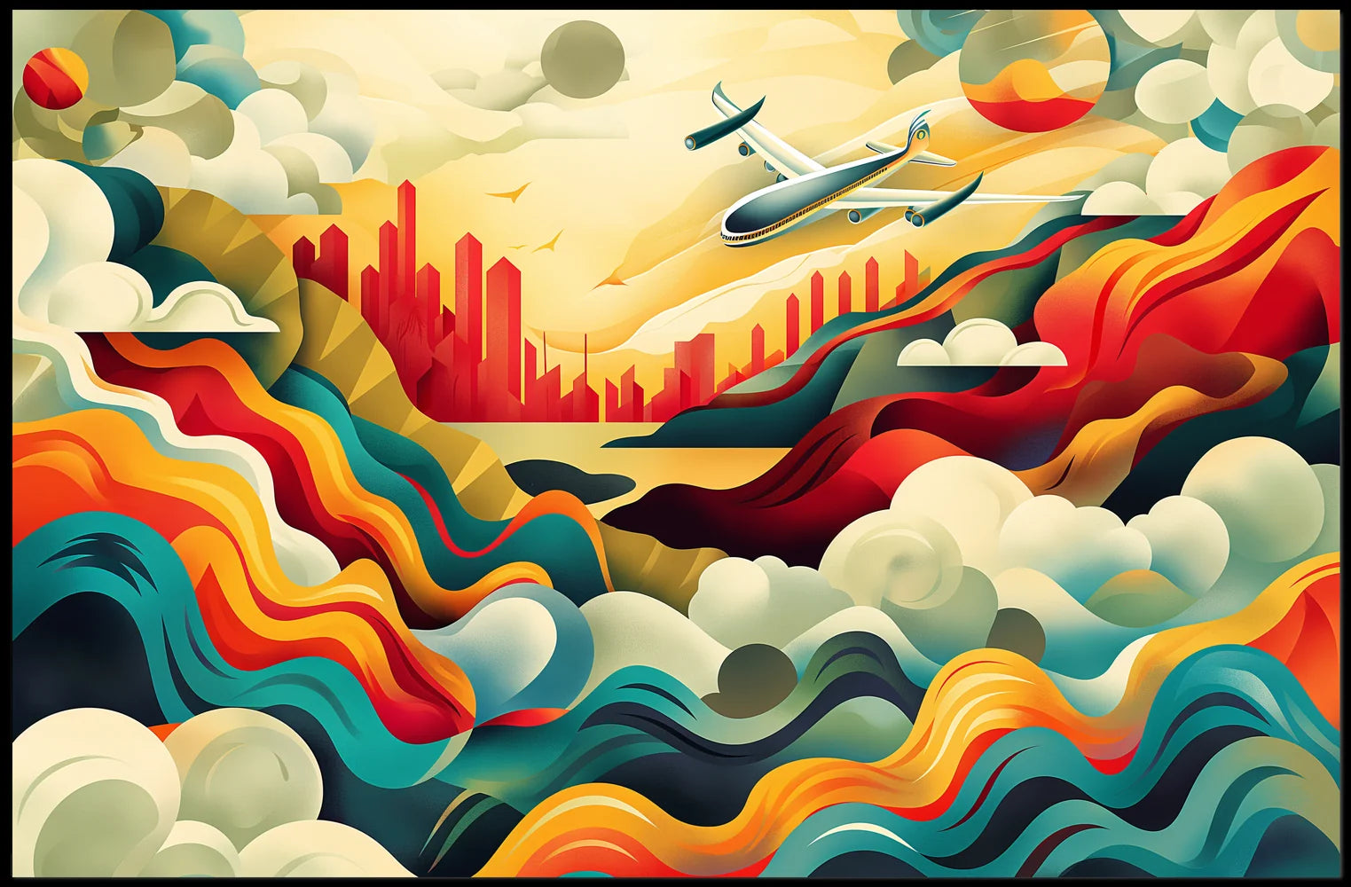 The poster features a vibrant and dynamic abstract illustration depicting an airplane soaring Travel Poster