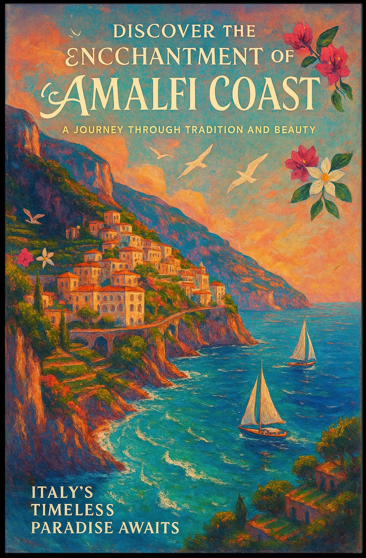 Amalfi Coast Impressionist Art Poster: Vibrant Mediterranean Scene