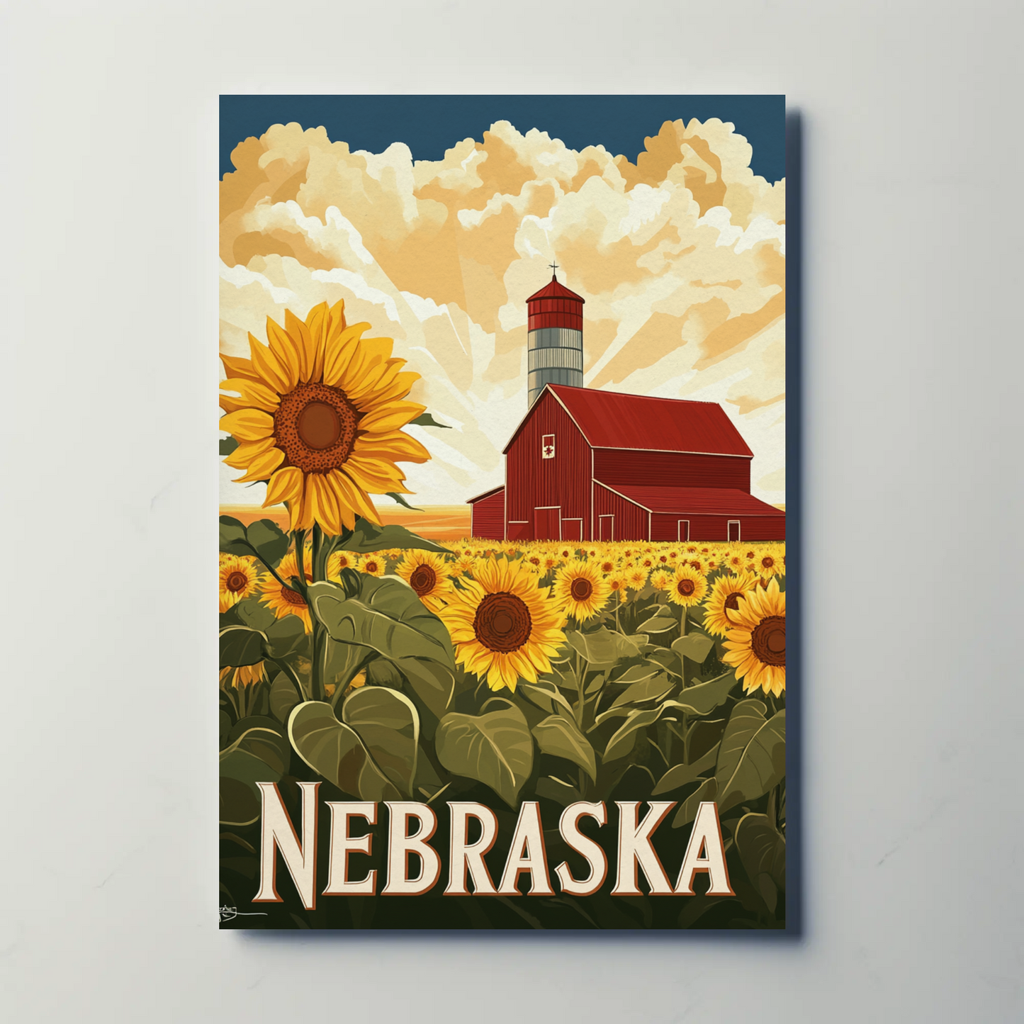 Nebraska Vintage Poster - Sunflower Barn