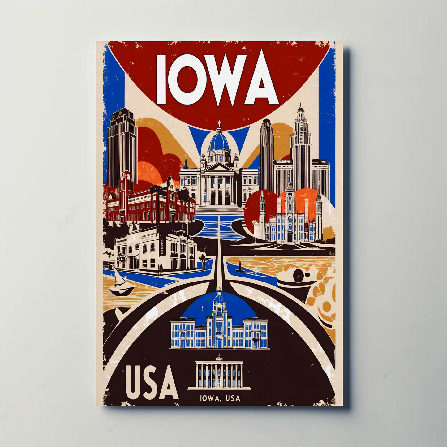 Iowa USA Civic Dome And Skyline Vintage Maroon Travel Poster