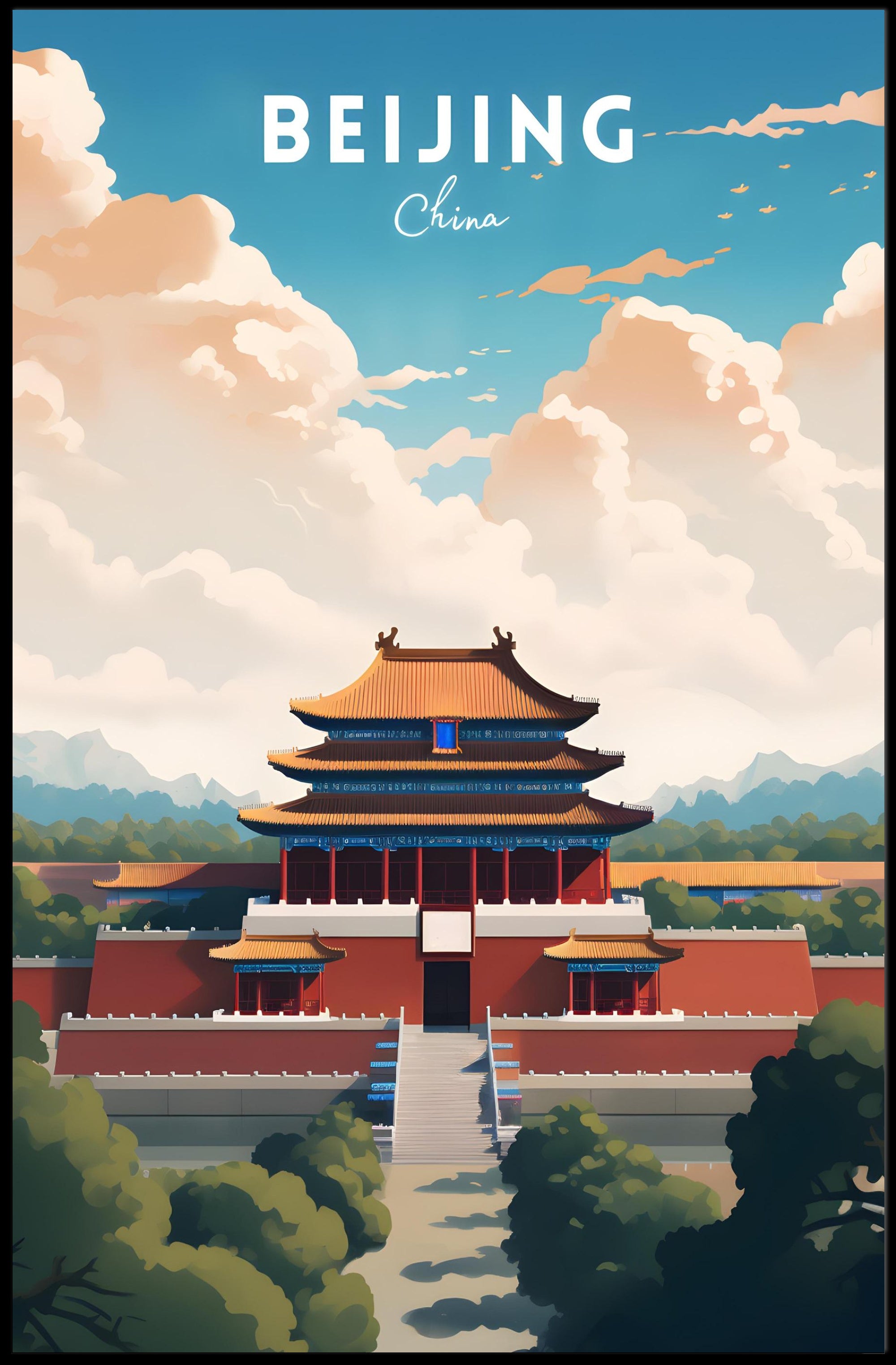 Beijing Travel Poster: Vibrant Chinese Architecture Artwork