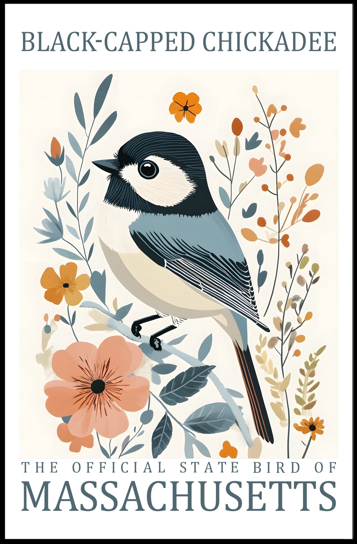 Black-Capped Chickadee Massachusetts Heritage Art Poster