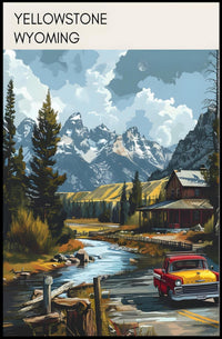 Scenic Yellowstone: Vintage Truck and Rustic Cabin Poster