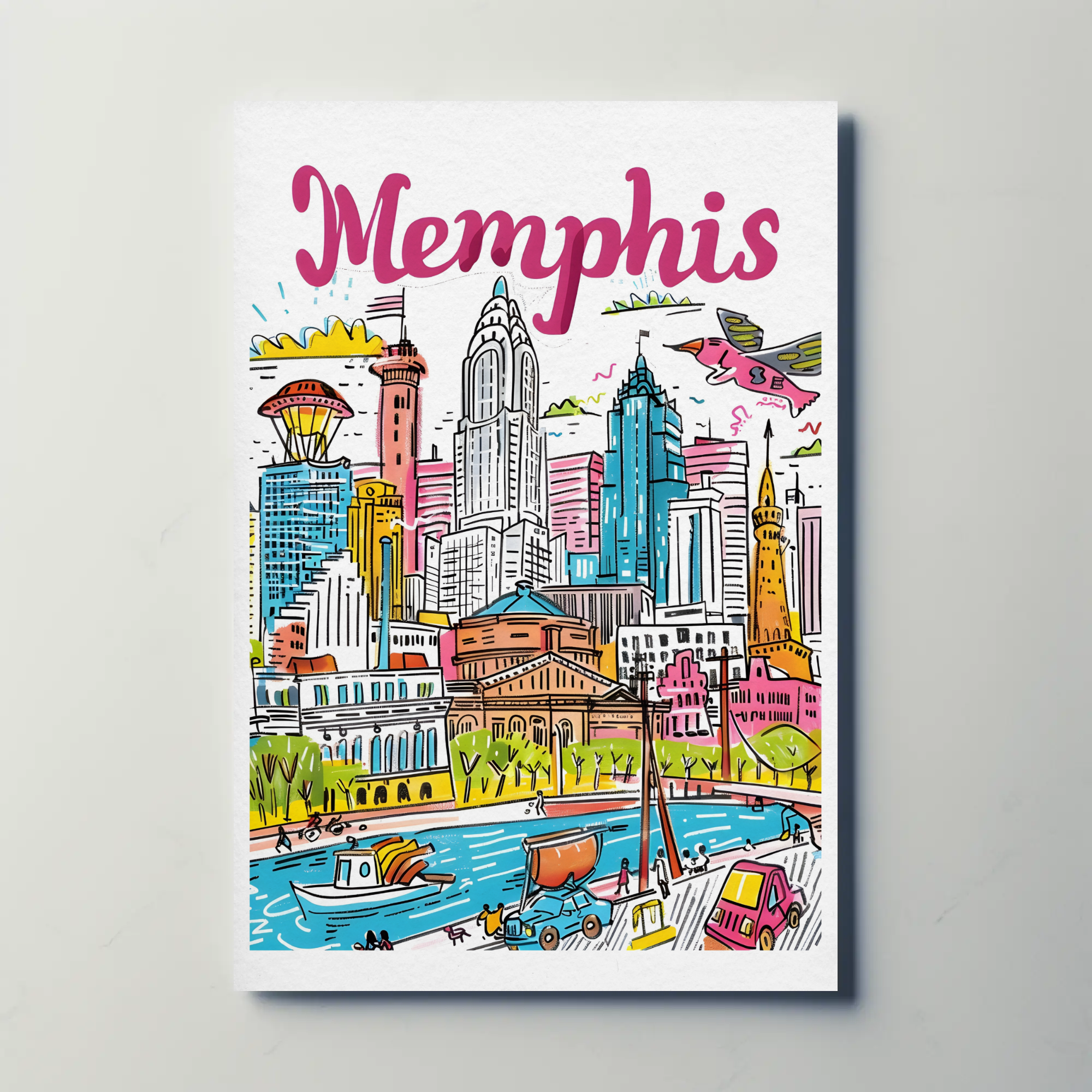 Memphis Tennessee Riverfront Colorful Skyline Travel Poster