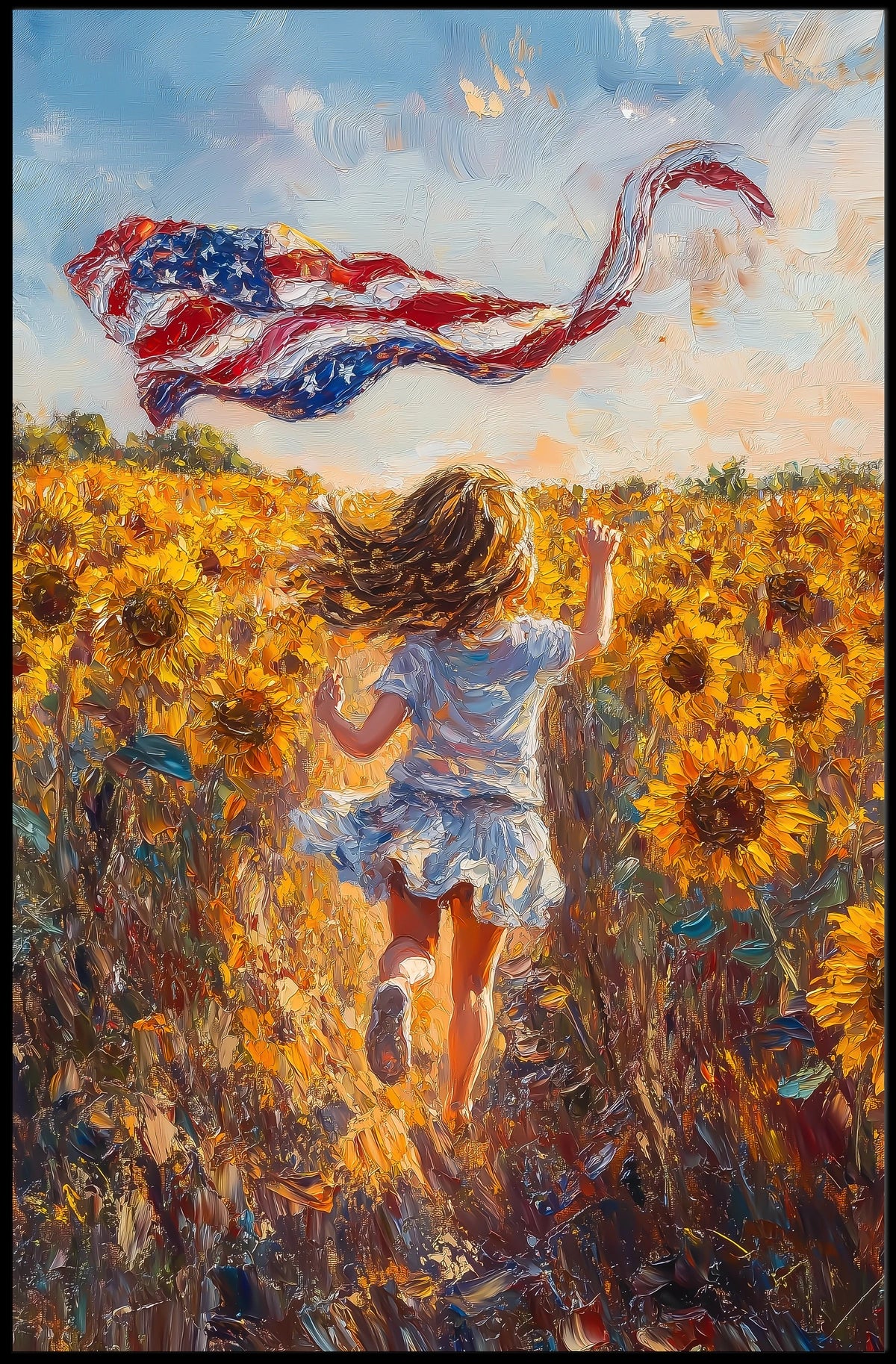 Child Running Through Sunflower Field At Golden Hour Poster