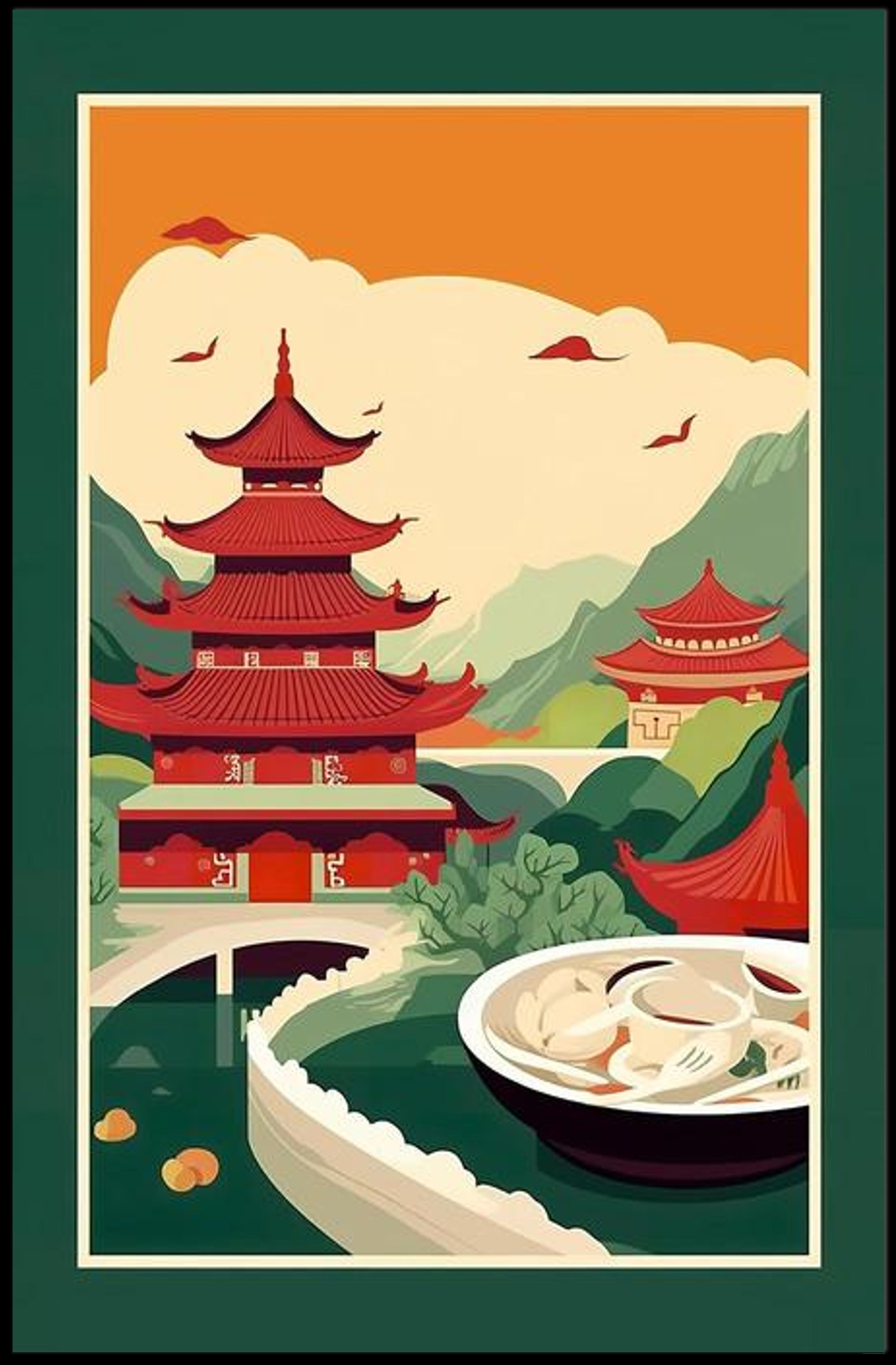 Title: Serene Asian Landscape with Culinary Fusion Poster