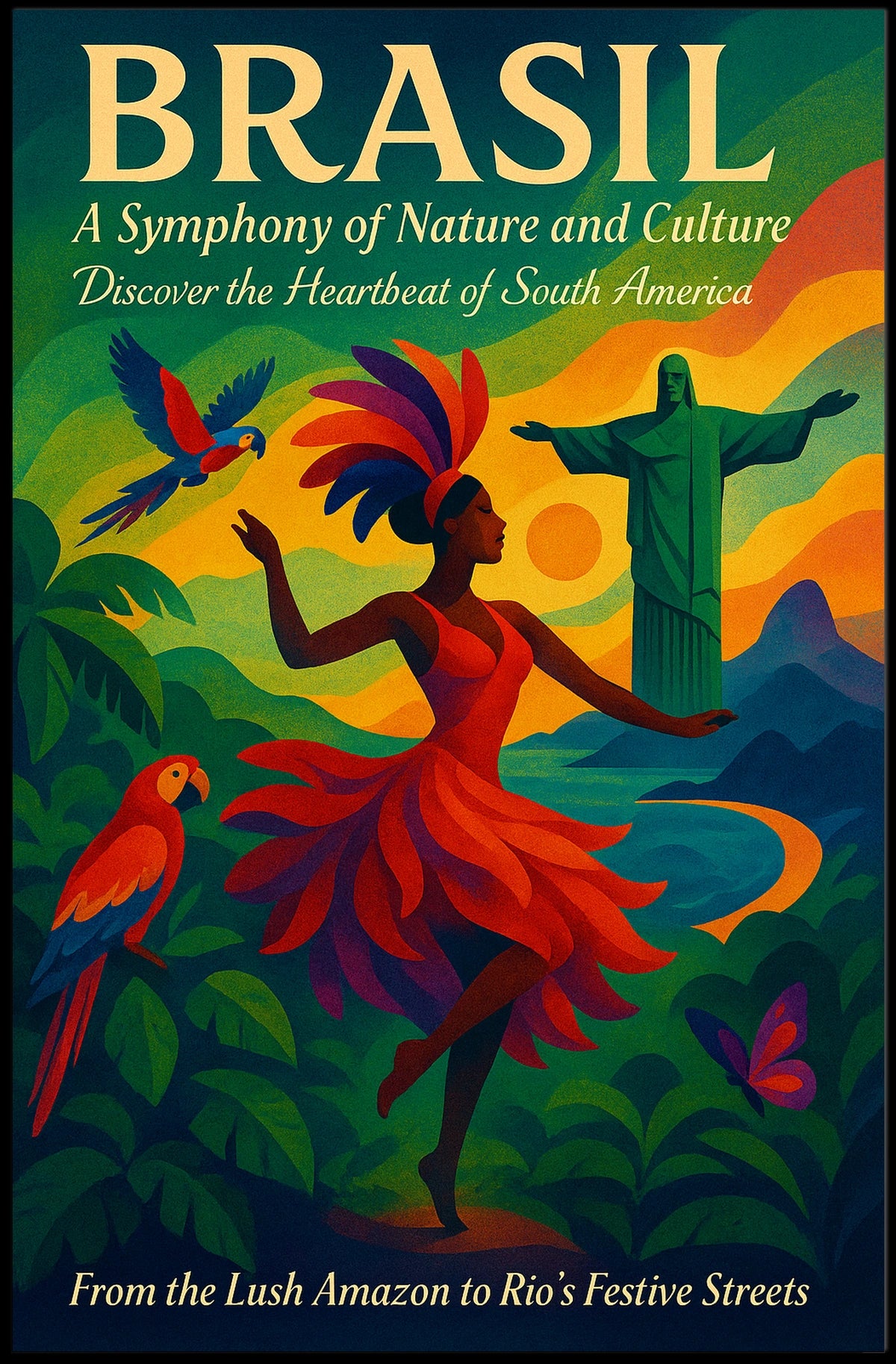 Brazil Culture and Nature Dance Parrots Christ The Redeemer Poster