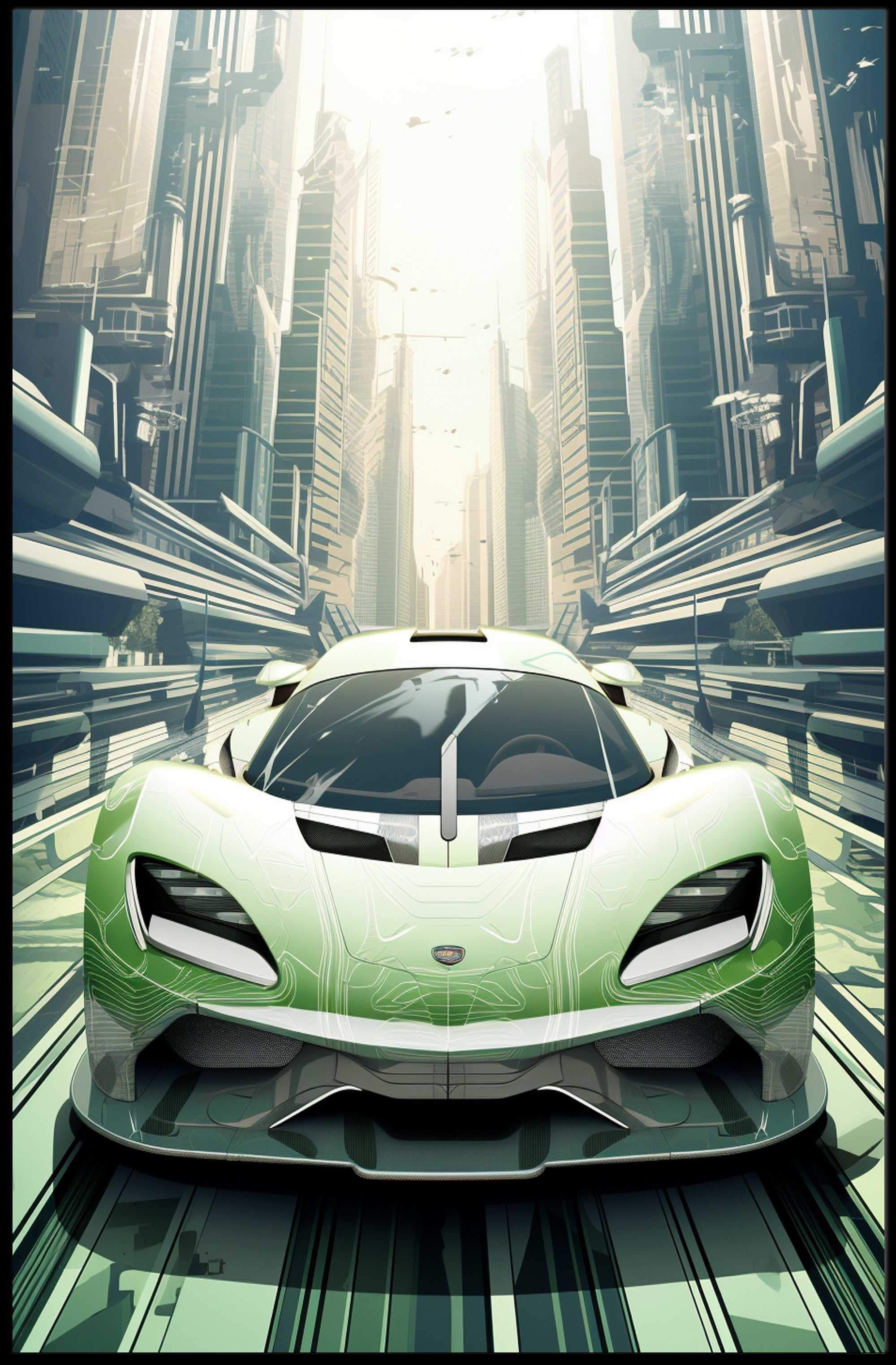 Futuristic Supercar in a Modern Cityscape Poster PosterGoat