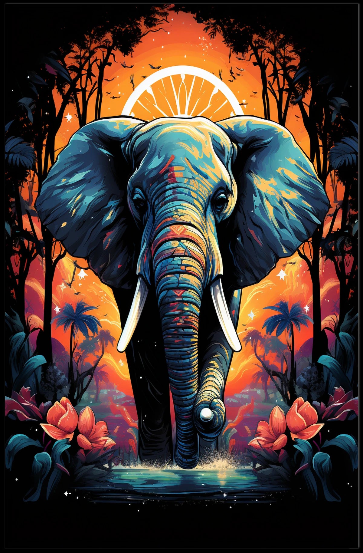 Majestic Elephant Jungle Sunset Art Poster