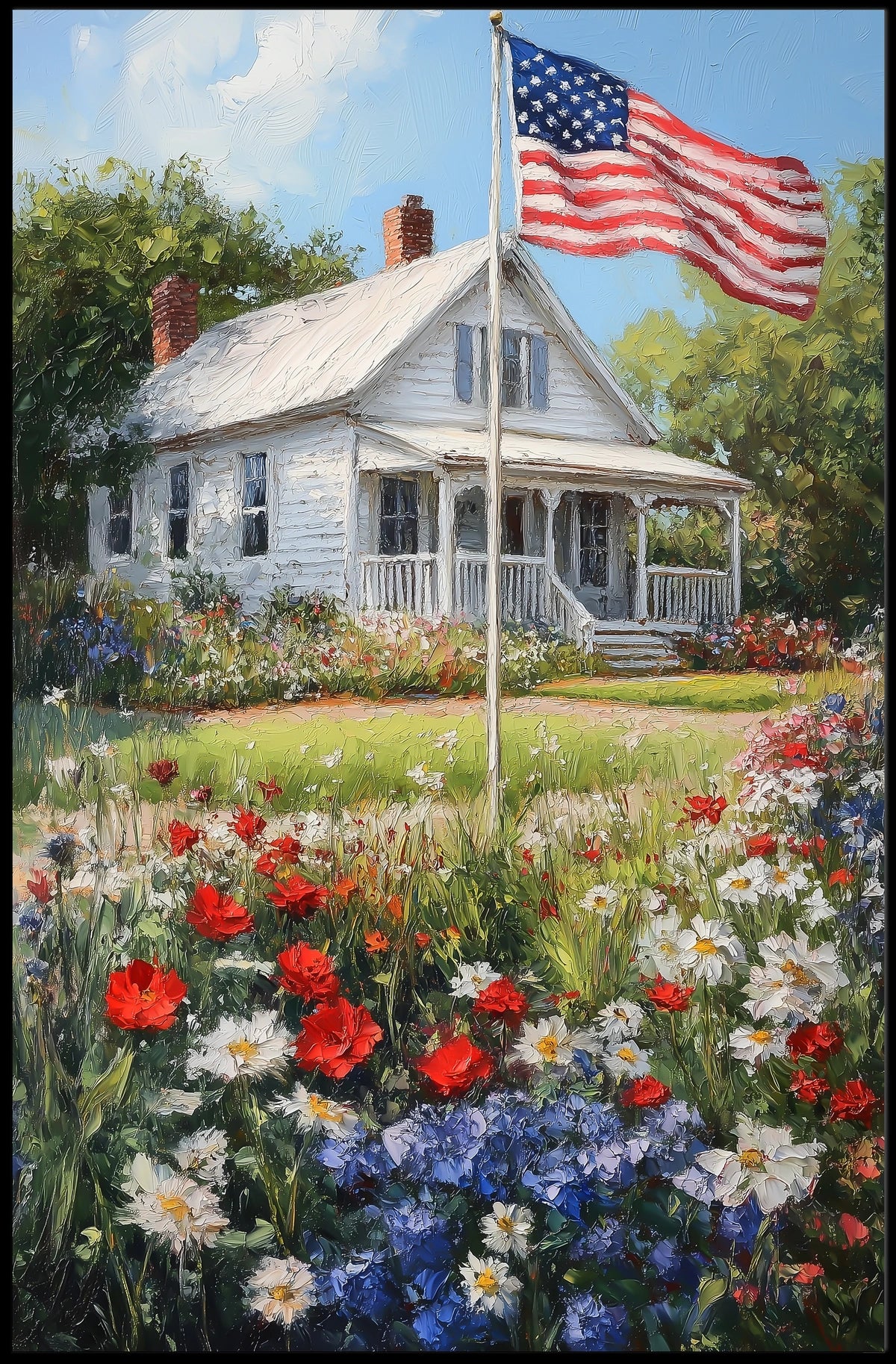 Classic White American Farmhouse With American Flag Poster