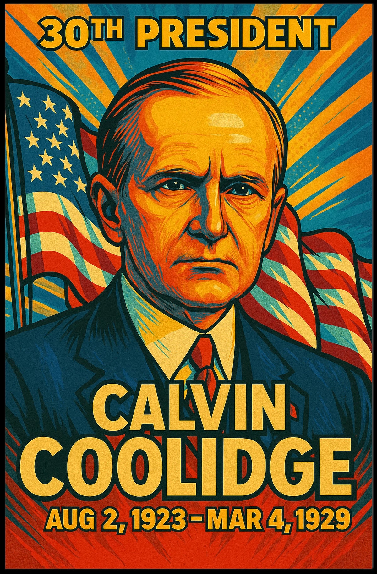 Calvin Coolidge 30th President of the United States Colorful Comic Book Style Poster