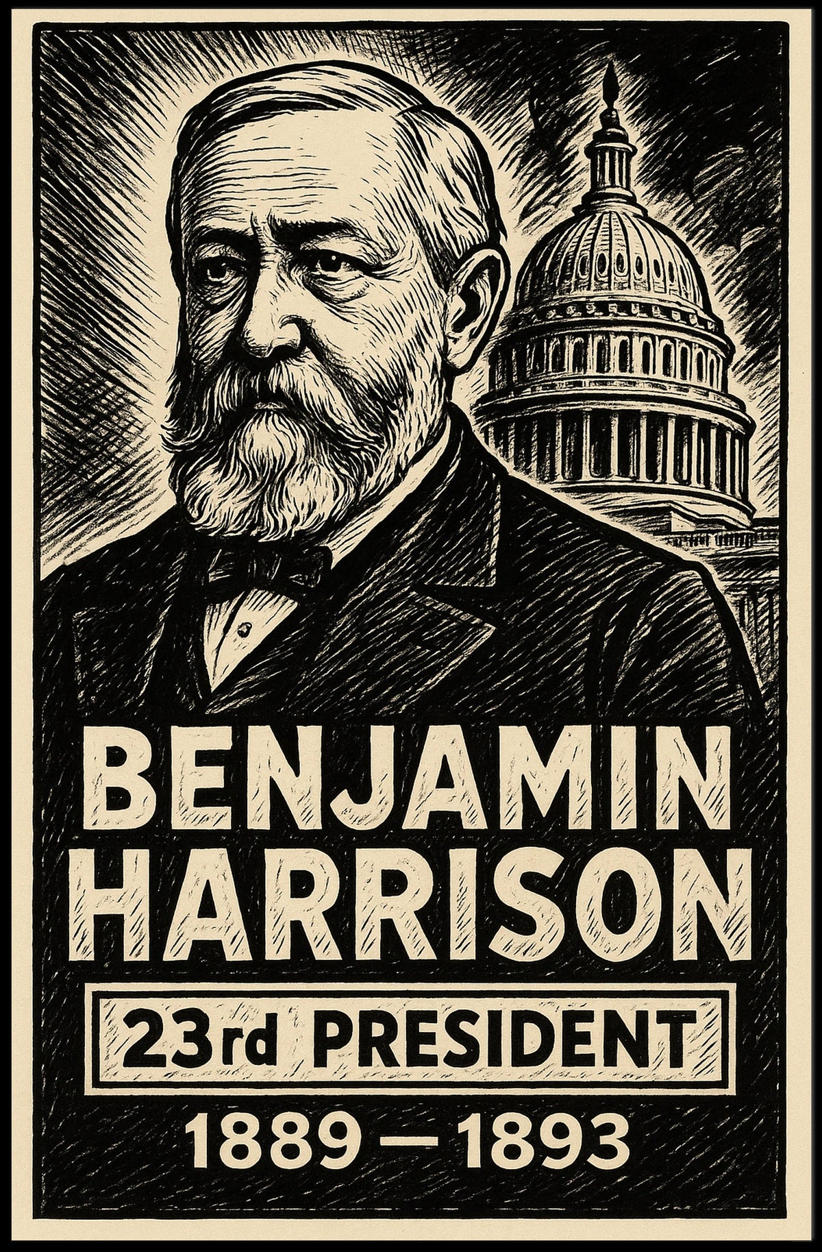 Benjamin Harrison 23rd President of the United States B & W Comic Sketch Poster